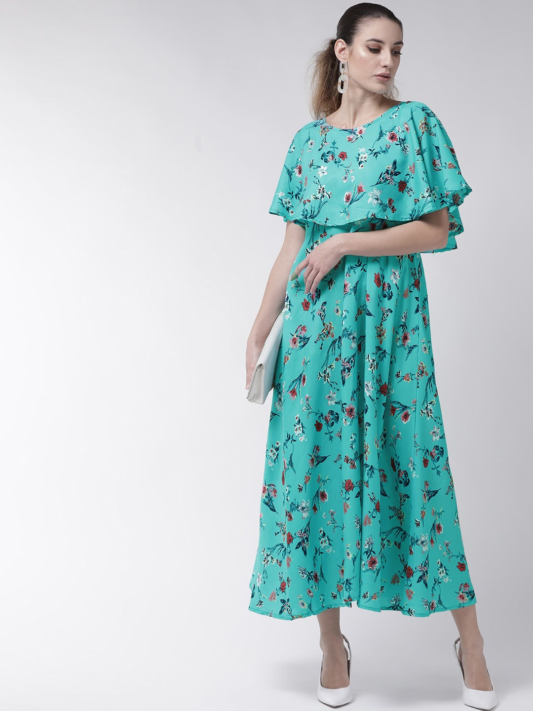 Women Sea Green & Pink Floral Print Maxi Dress