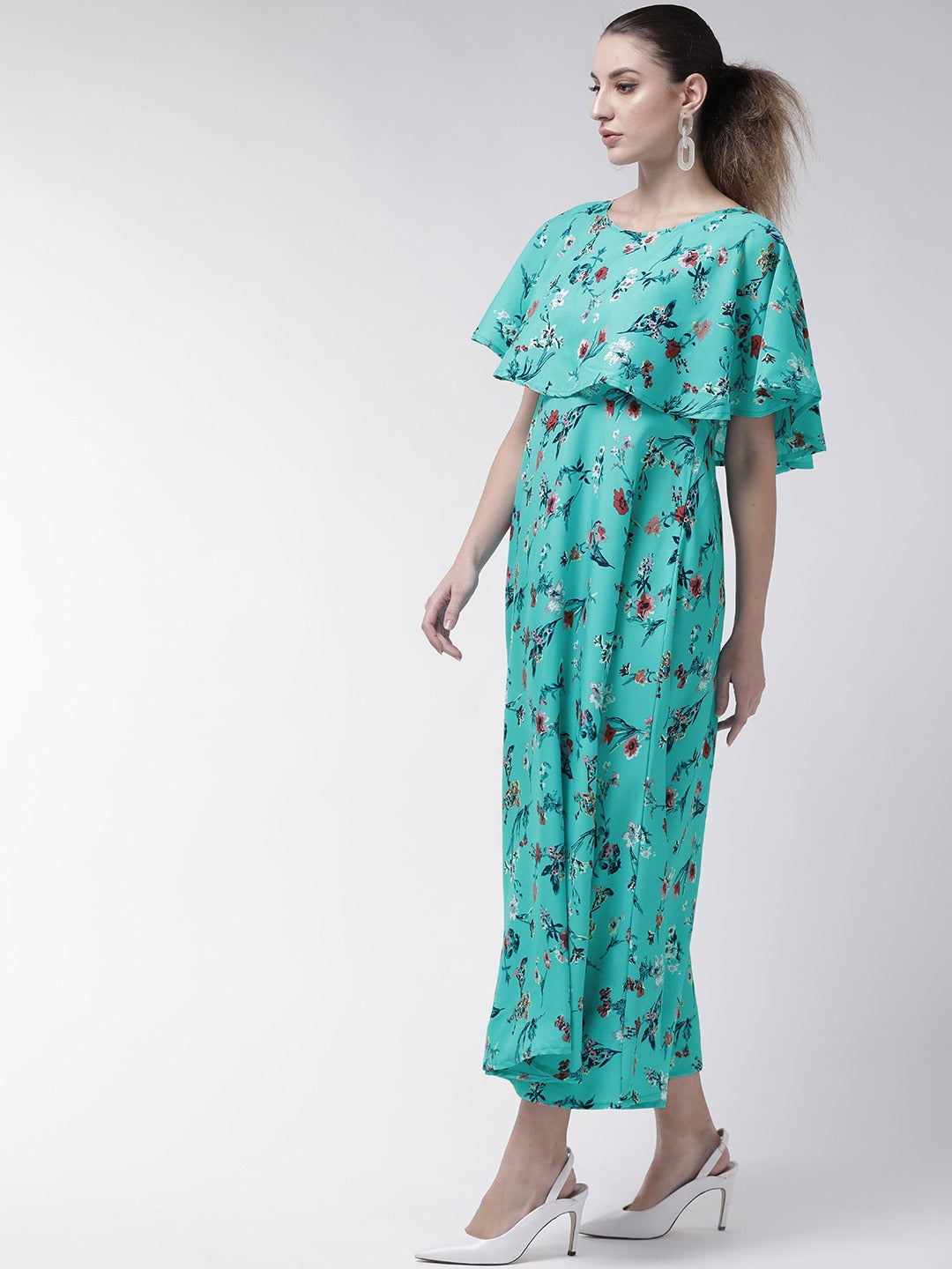 Women Sea Green & Pink Floral Print Maxi Dress