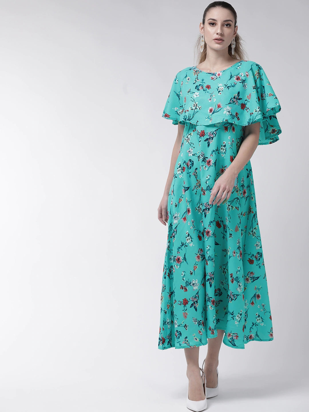 Women Sea Green & Pink Floral Print Maxi Dress