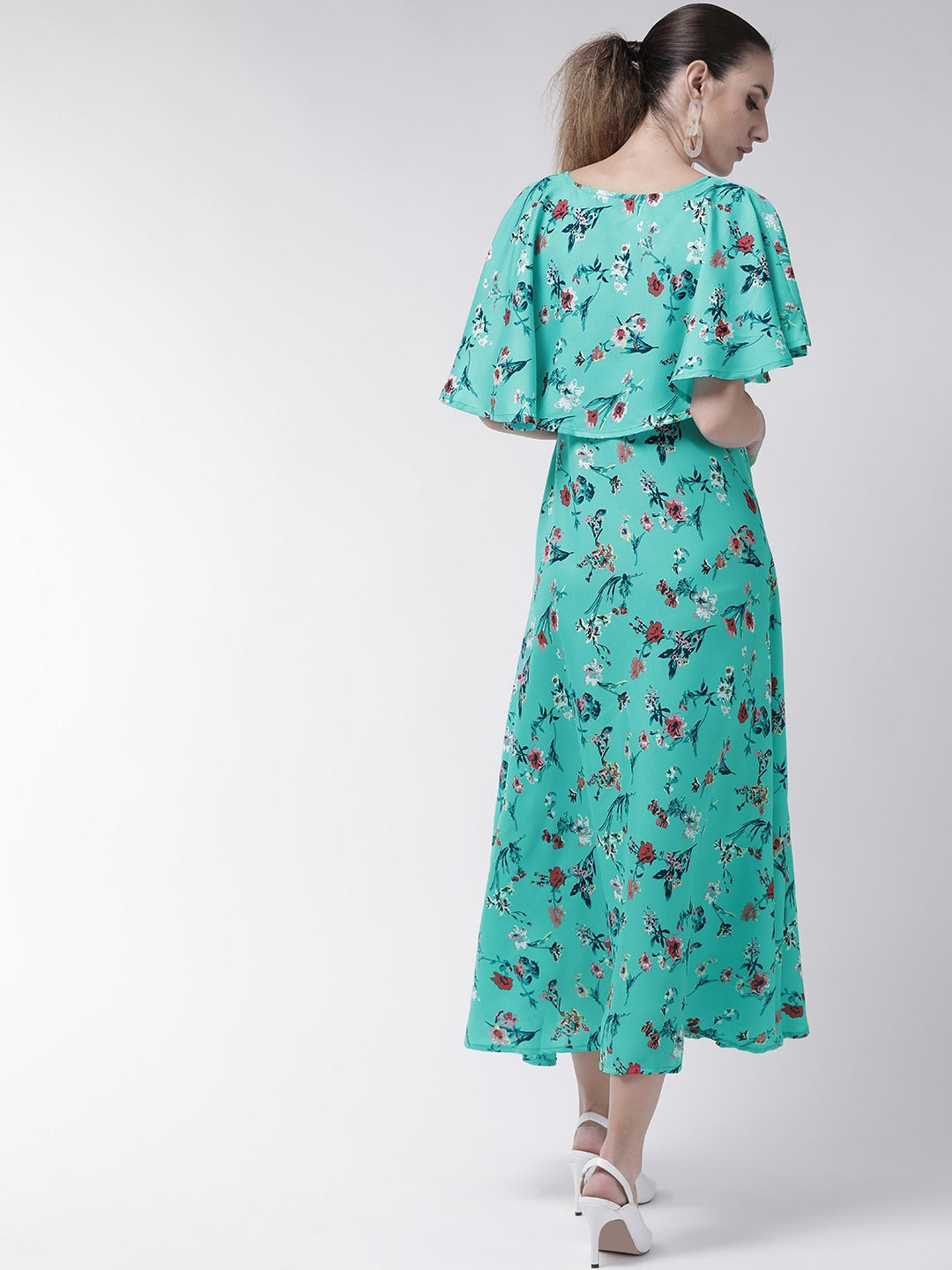 Women Sea Green & Pink Floral Print Maxi Dress