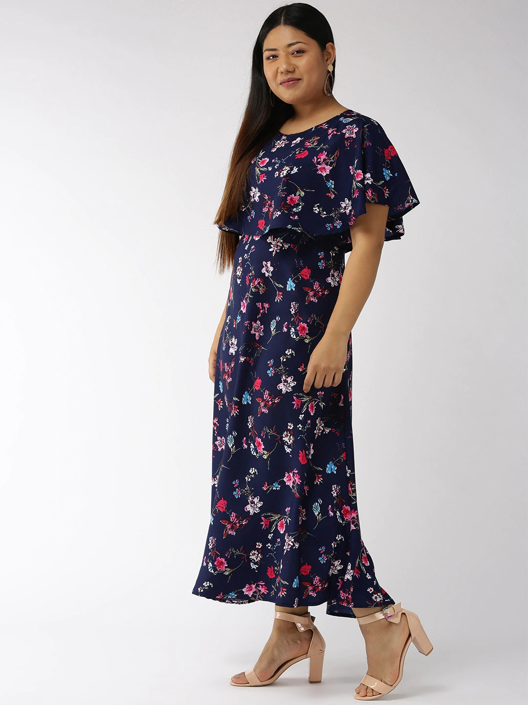 Women Plus Size Navy Blue & Pink Floral Printed Maxi Dress