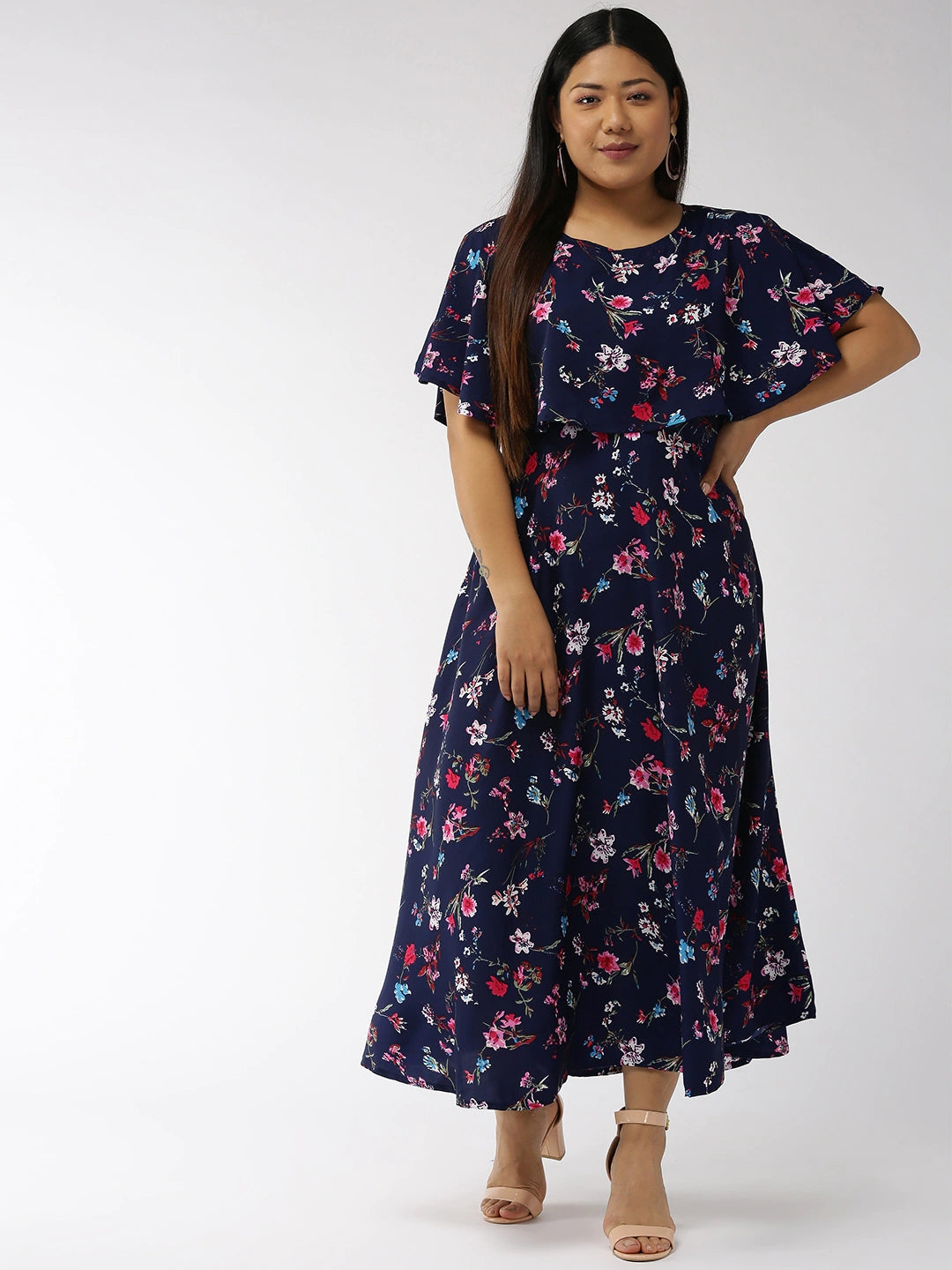 Women Plus Size Navy Blue & Pink Floral Printed Maxi Dress