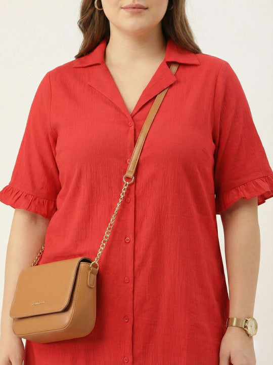 U&F Beyond Red Ruffle-Trim Button-Down Shirt Dress