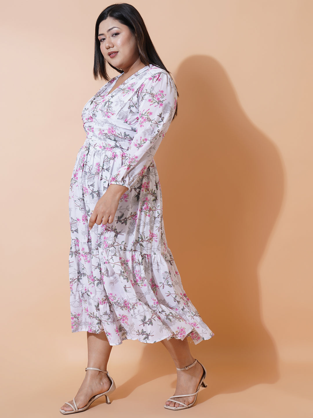 Women Plus size Georgette V-Neck Tiered Dress