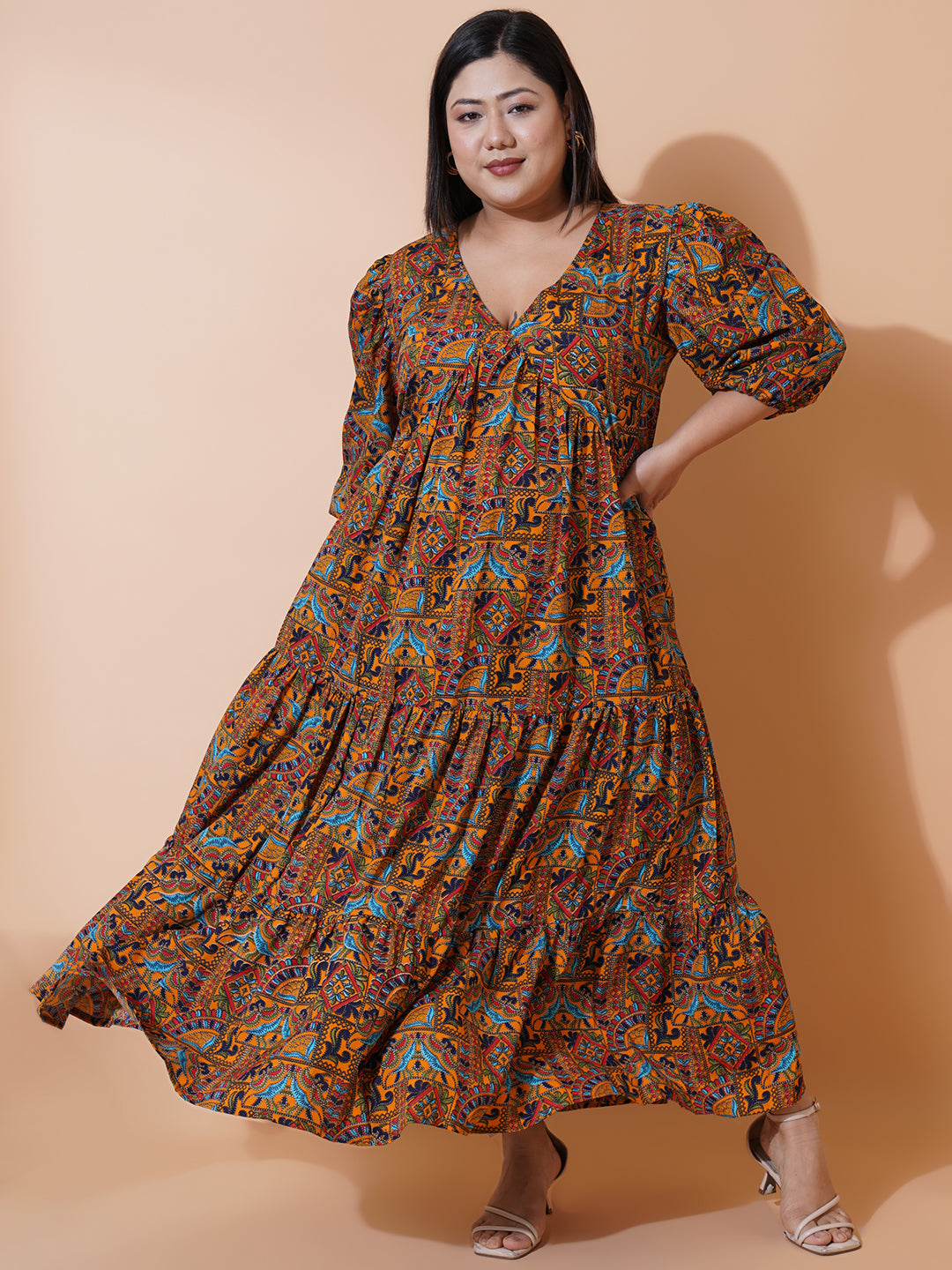 Women Plus Size Multi colour printed Crepe Maxi Dress