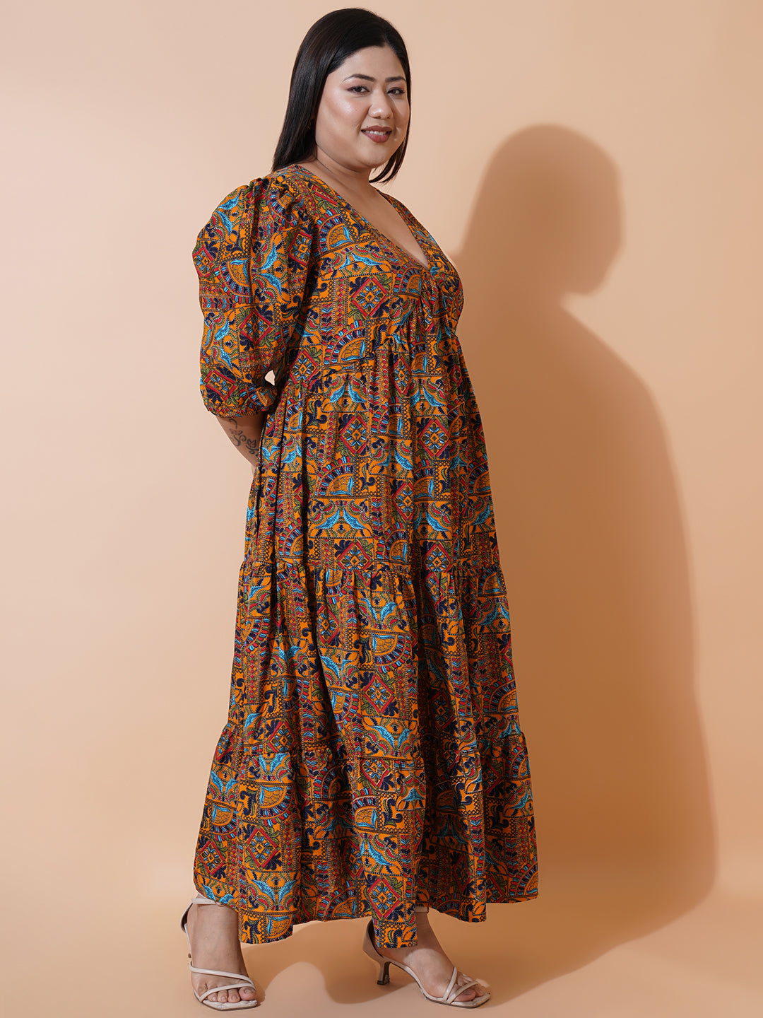 Women Plus Size Multi colour printed Crepe Maxi Dress