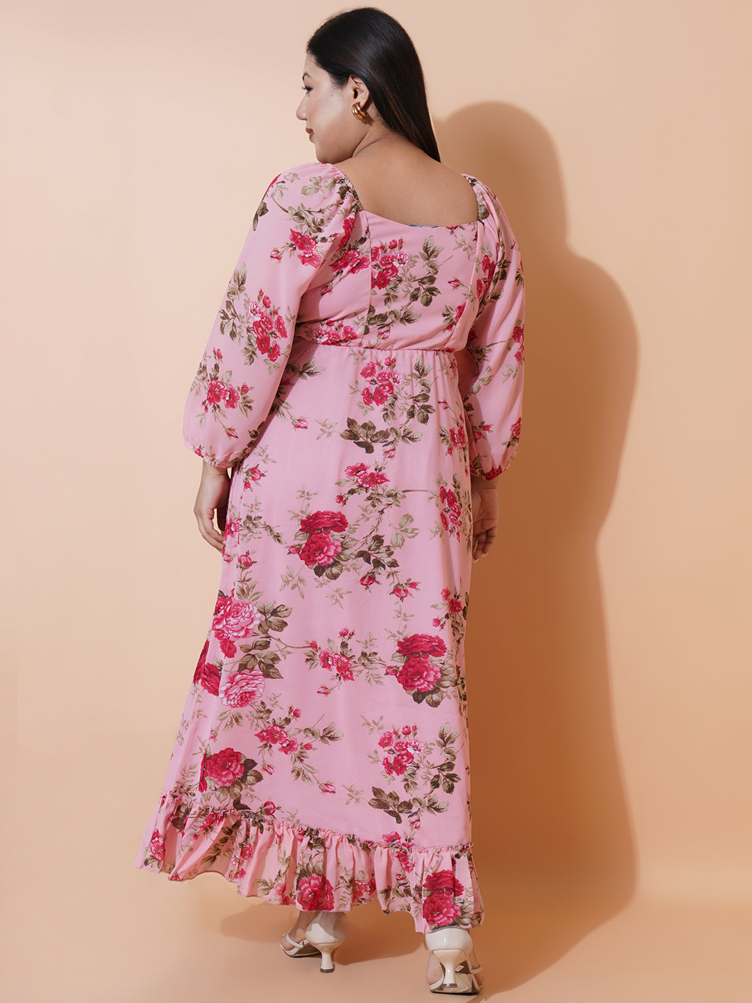 Women Plus size Georgette Sweetheart Neck Puff Sleeves Tiered Maxi Dress