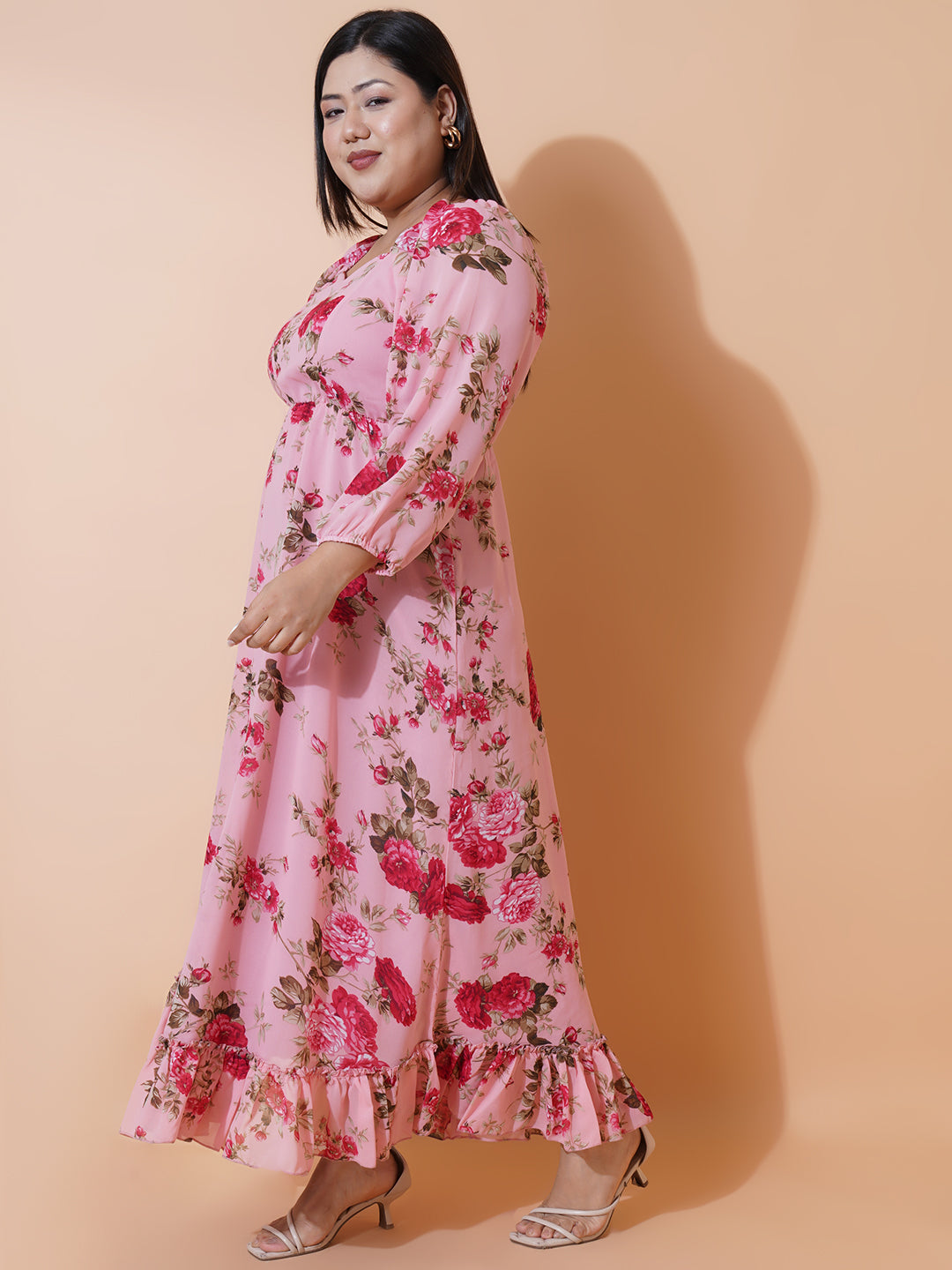 Women Plus size Georgette Sweetheart Neck Puff Sleeves Tiered Maxi Dress