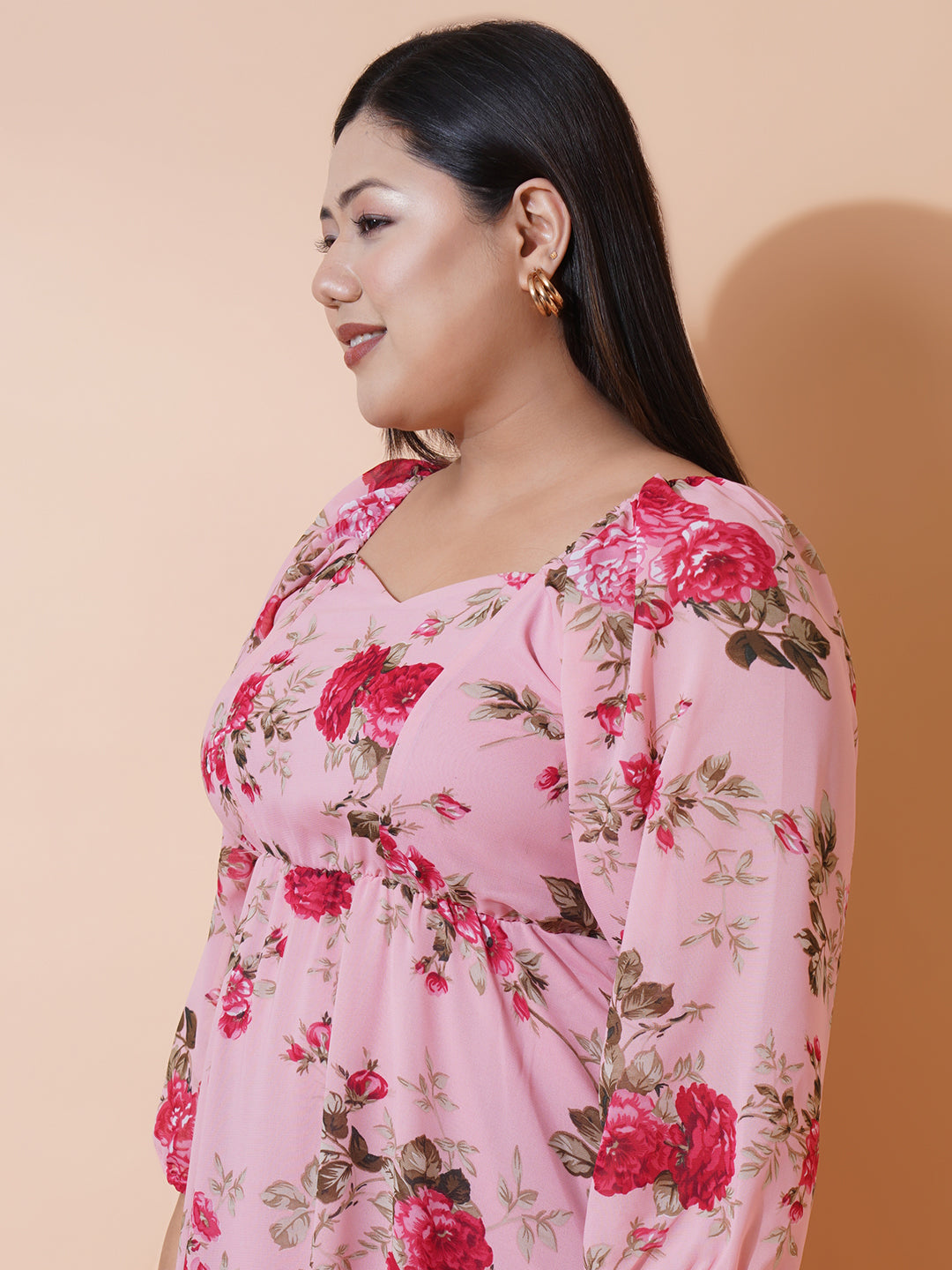 Women Plus size Georgette Sweetheart Neck Puff Sleeves Tiered Maxi Dress