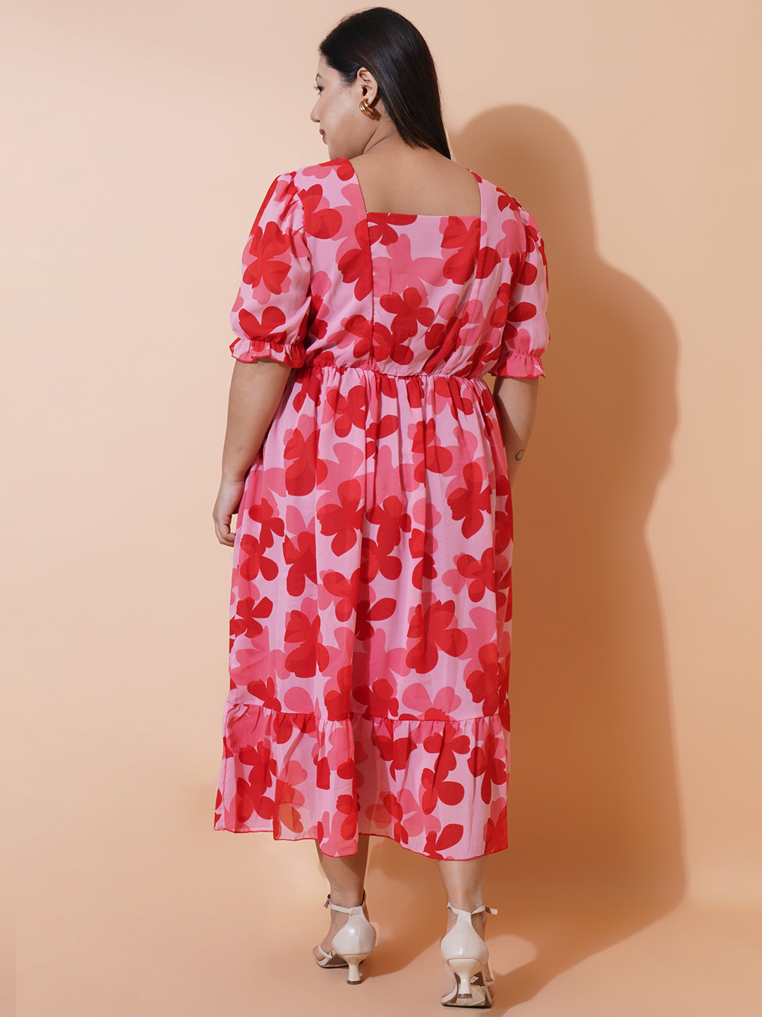 Women Plus size Georgette Sweetheart Neck Puff Sleeves Tiered Maxi Dress