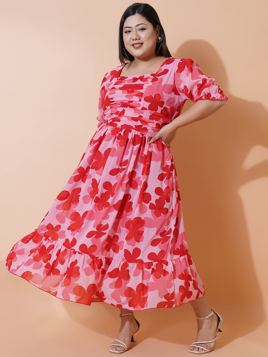 Women Plus size Georgette Sweetheart Neck Puff Sleeves Tiered Maxi Dress