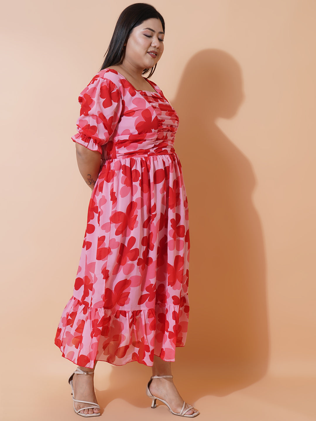 Women Plus size Georgette Sweetheart Neck Puff Sleeves Tiered Maxi Dress