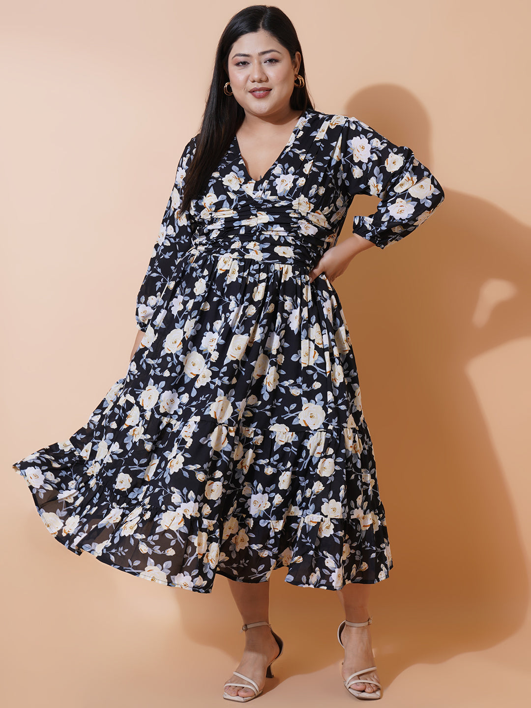 Women Plus size Georgette V-Neck Tiered Dress