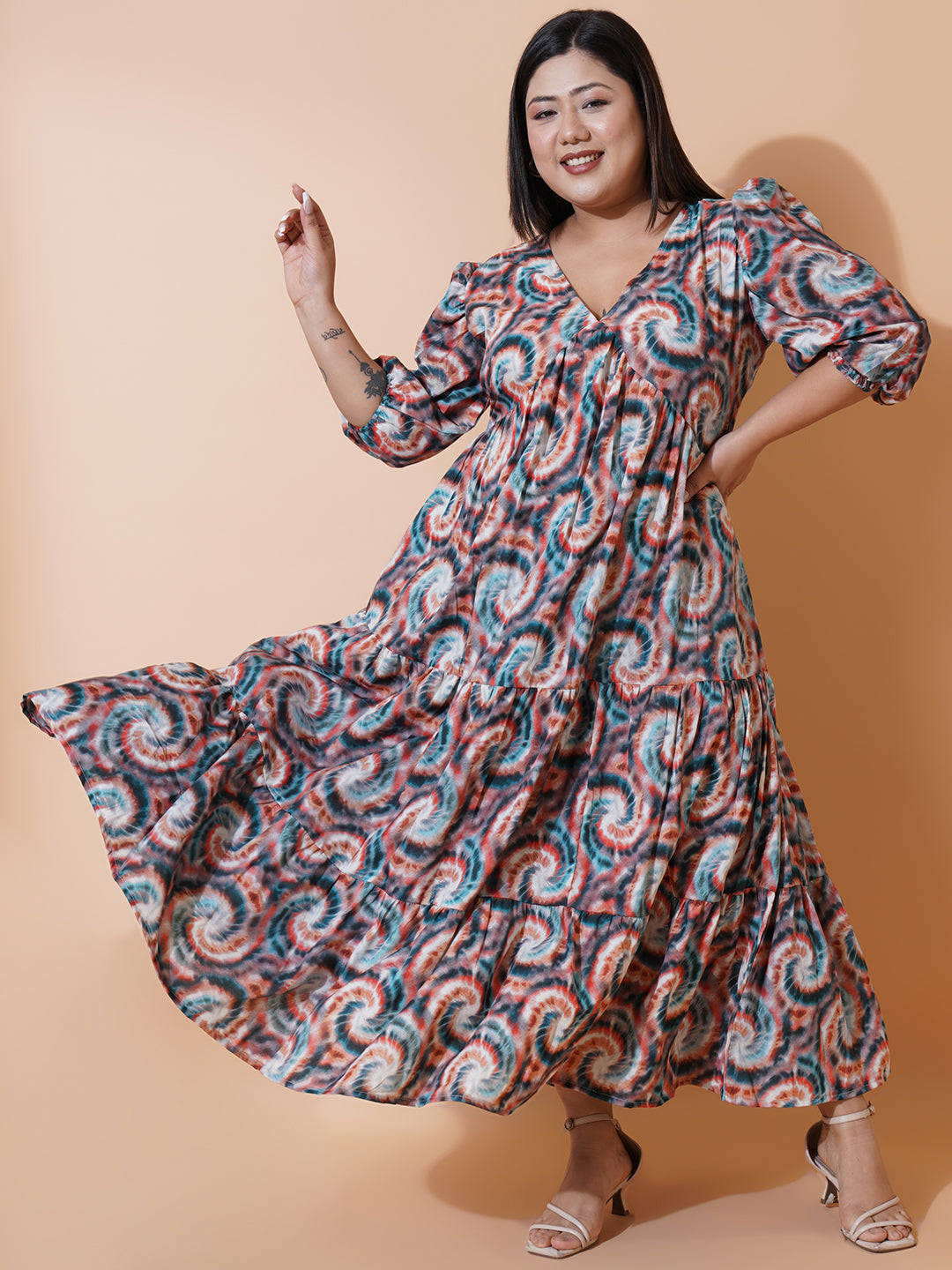 Women Plus Size Multi colour printed Crepe Maxi Dress