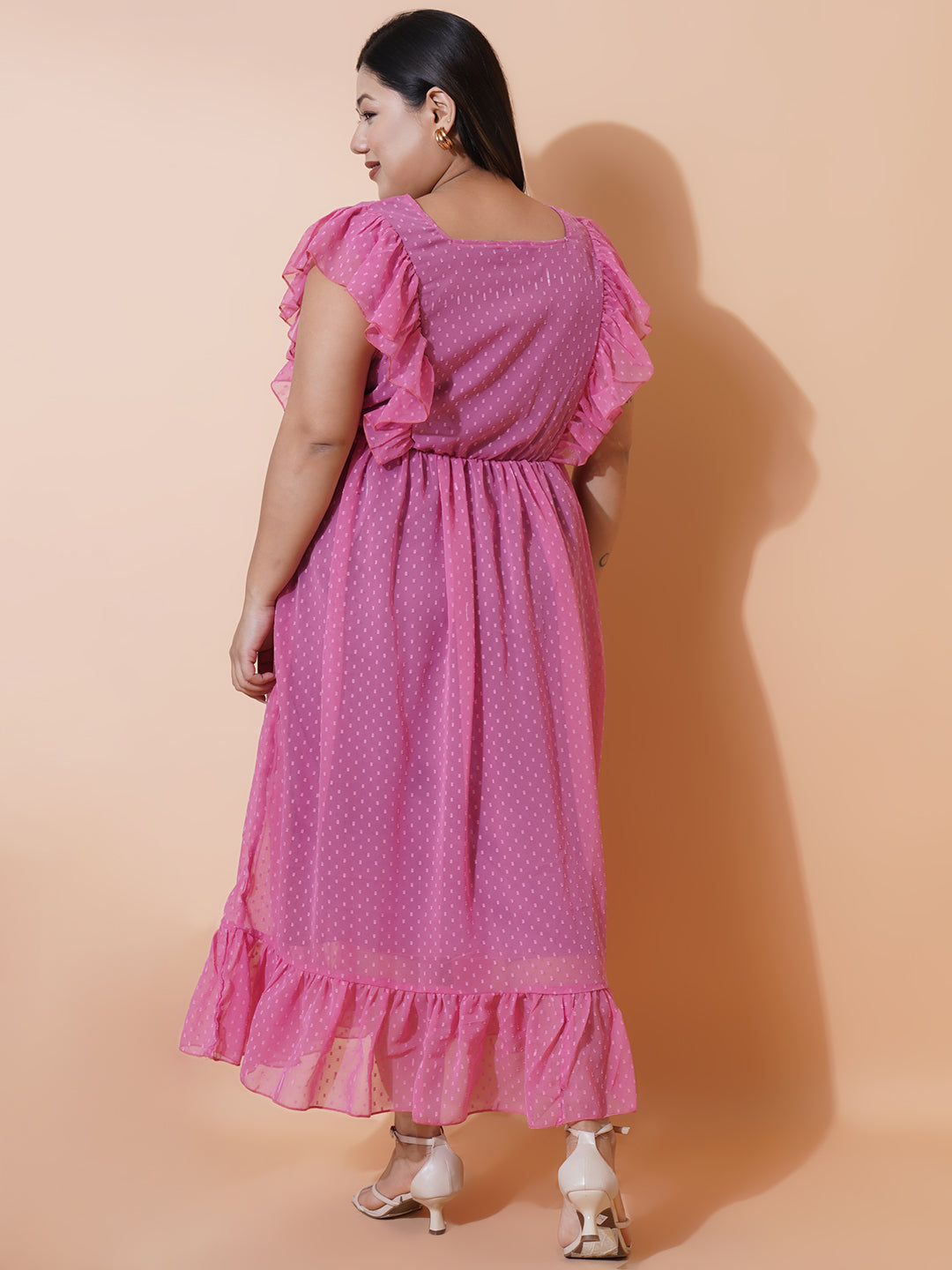 Women Plus Size Georgette Square Neck Ruffle Sleeve Dress