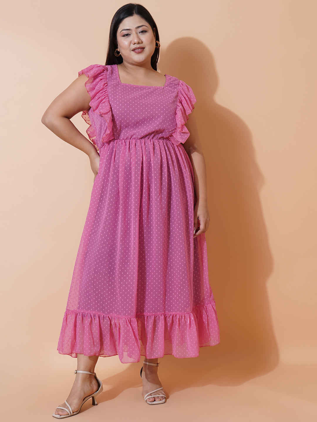 Women Plus Size Georgette Square Neck Ruffle Sleeve Dress