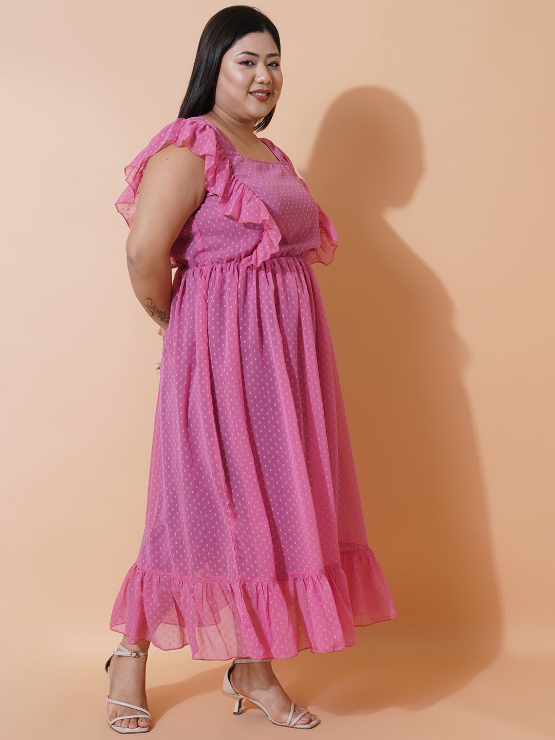 Women Plus Size Georgette Square Neck Ruffle Sleeve Dress