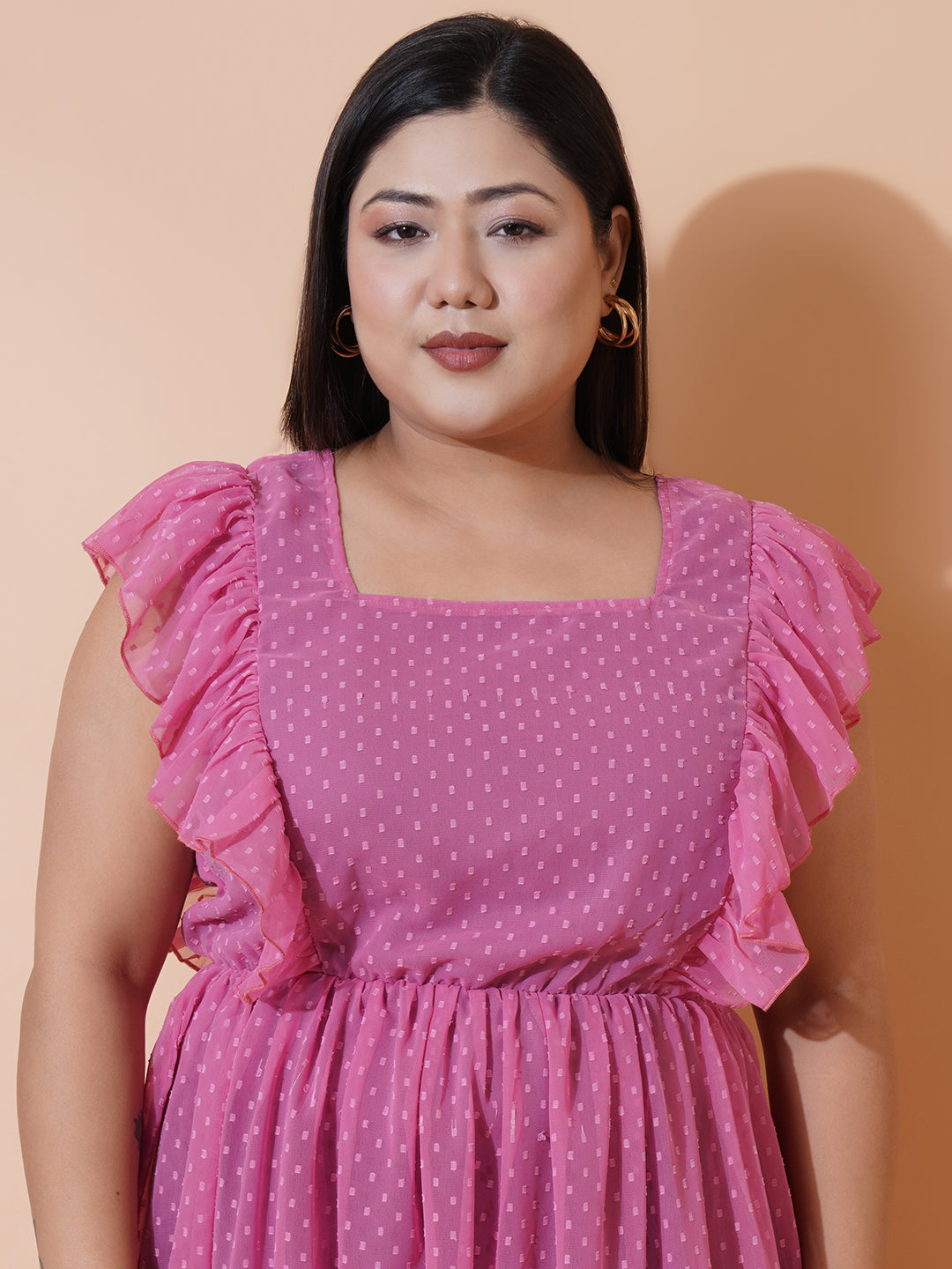 Women Plus Size Georgette Square Neck Ruffle Sleeve Dress