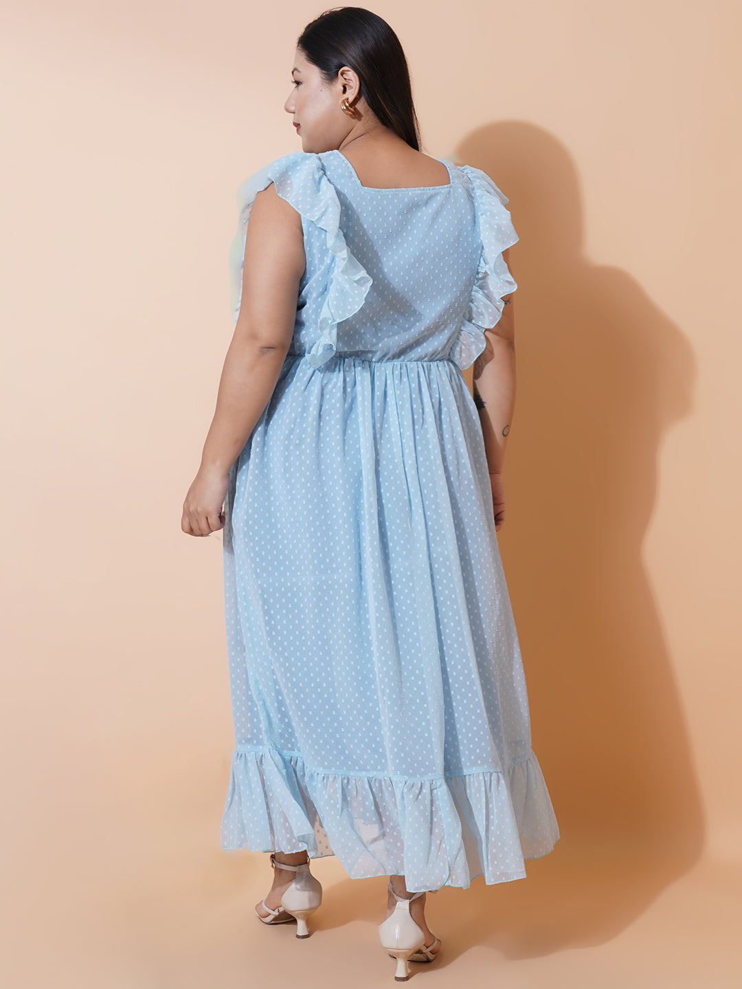 Women Plus Size Georgette Square Neck Ruffle Sleeve Dress