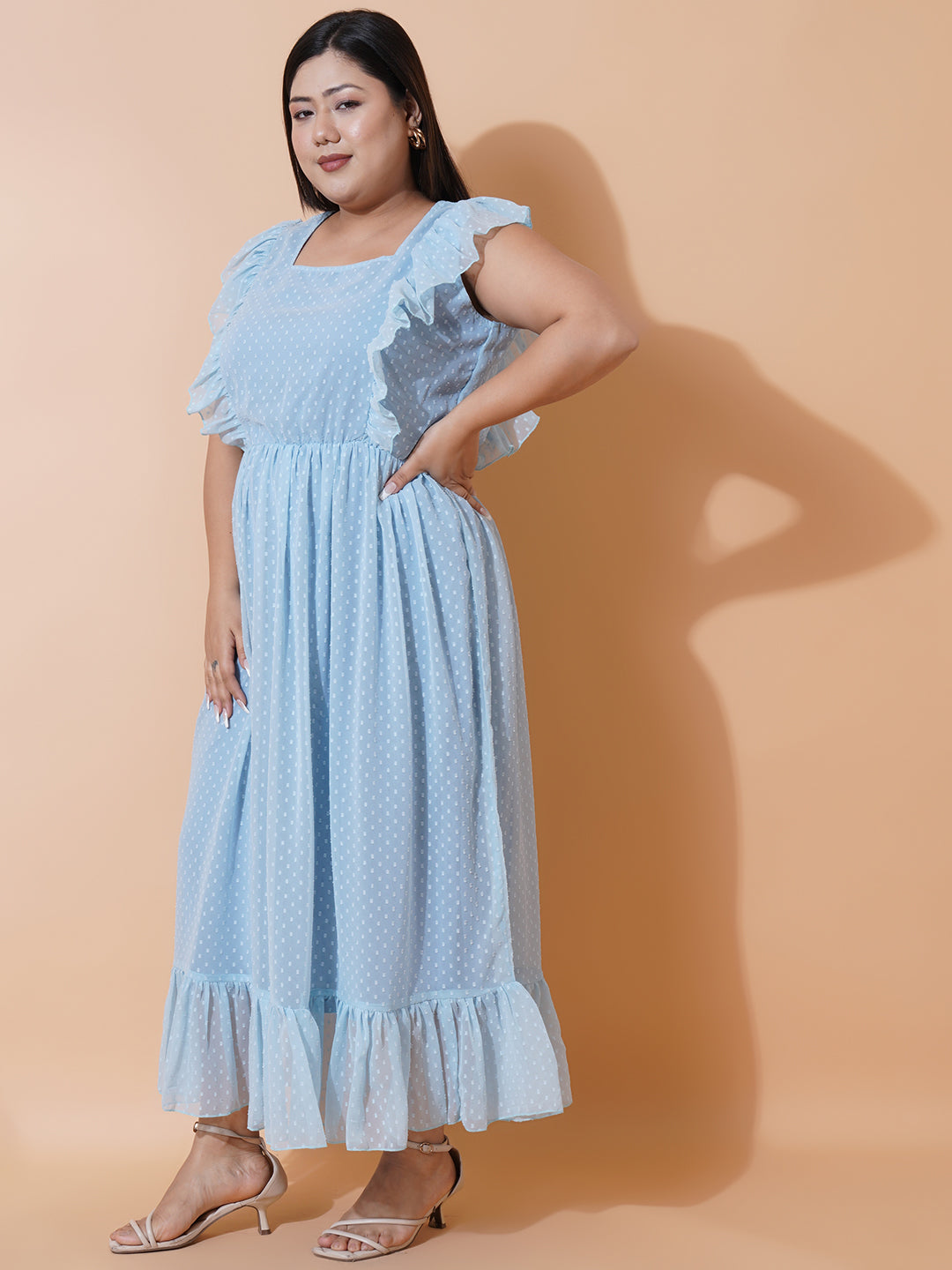 Women Plus Size Georgette Square Neck Ruffle Sleeve Dress