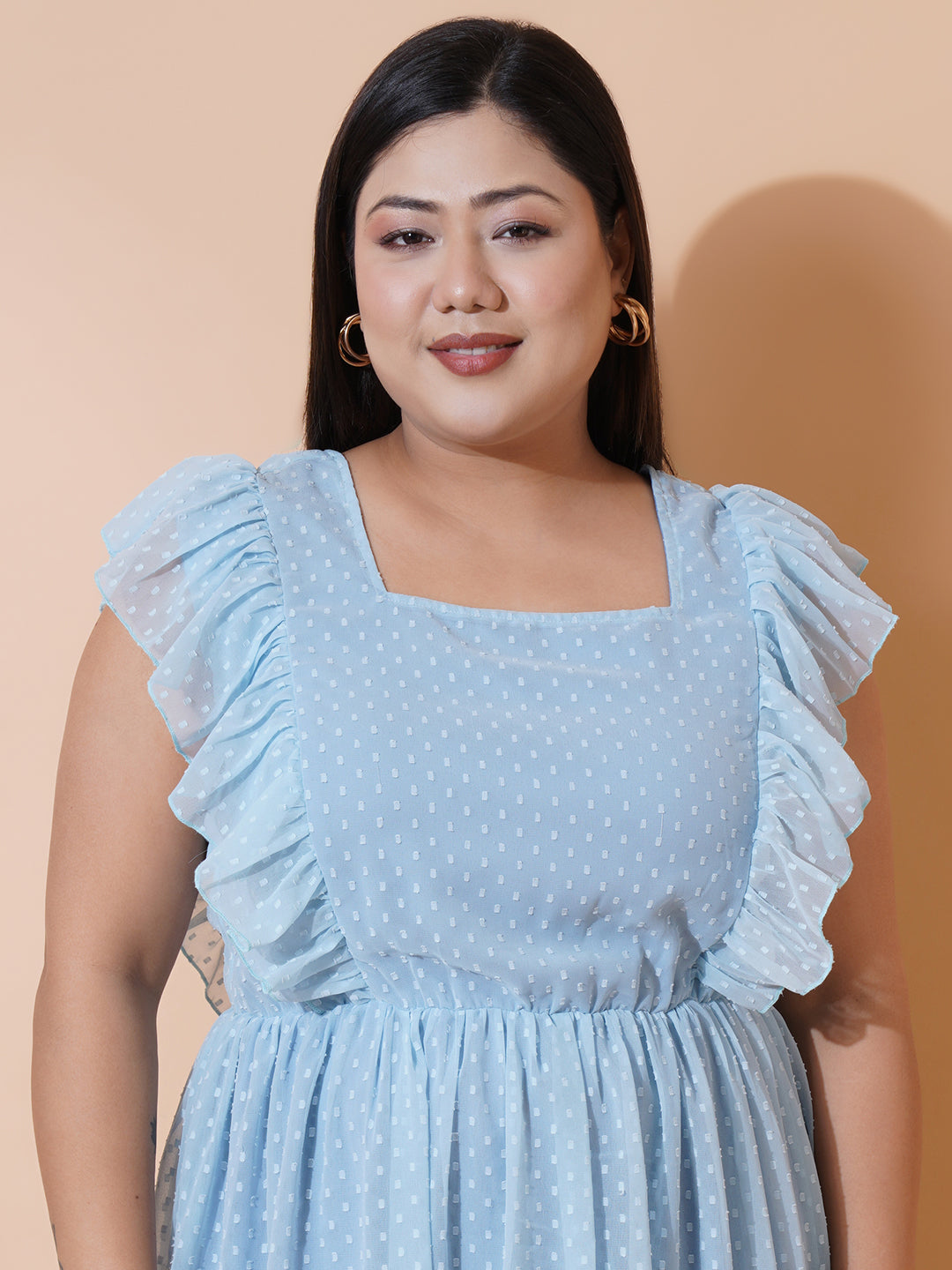 Women Plus Size Georgette Square Neck Ruffle Sleeve Dress