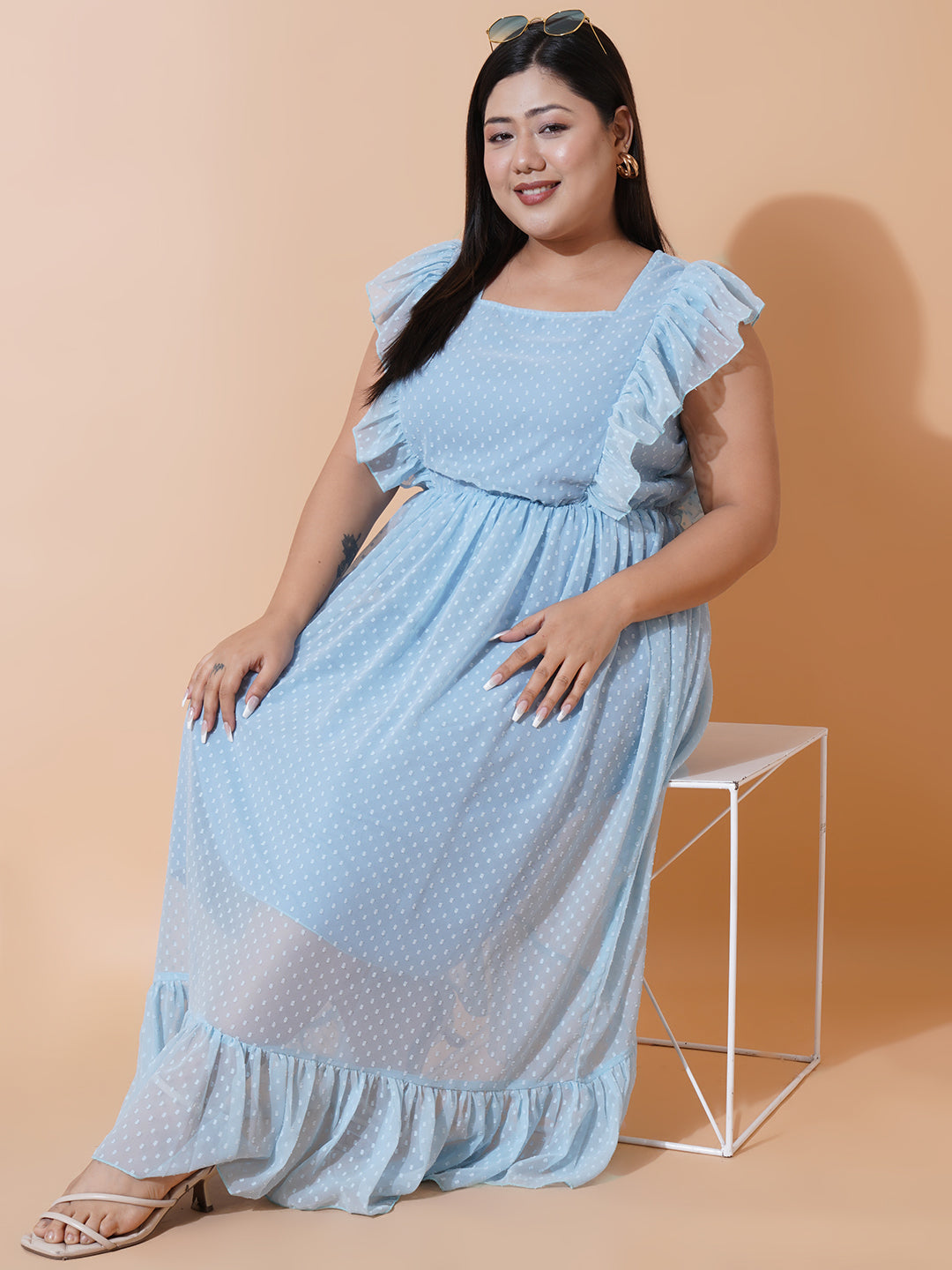 Women Plus Size Georgette Square Neck Ruffle Sleeve Dress