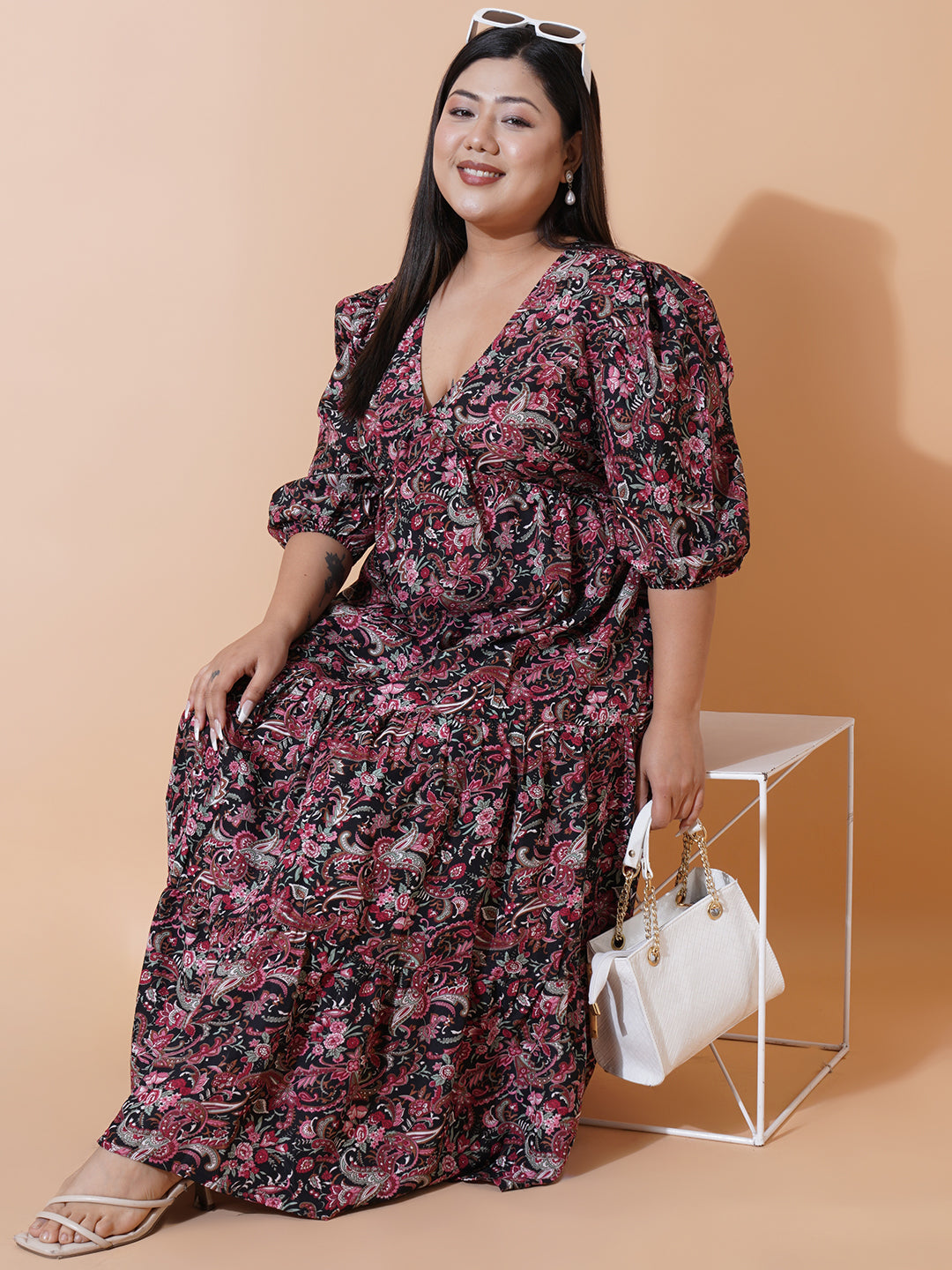 Women Plus Size Multi colour printed Crepe Maxi Dress