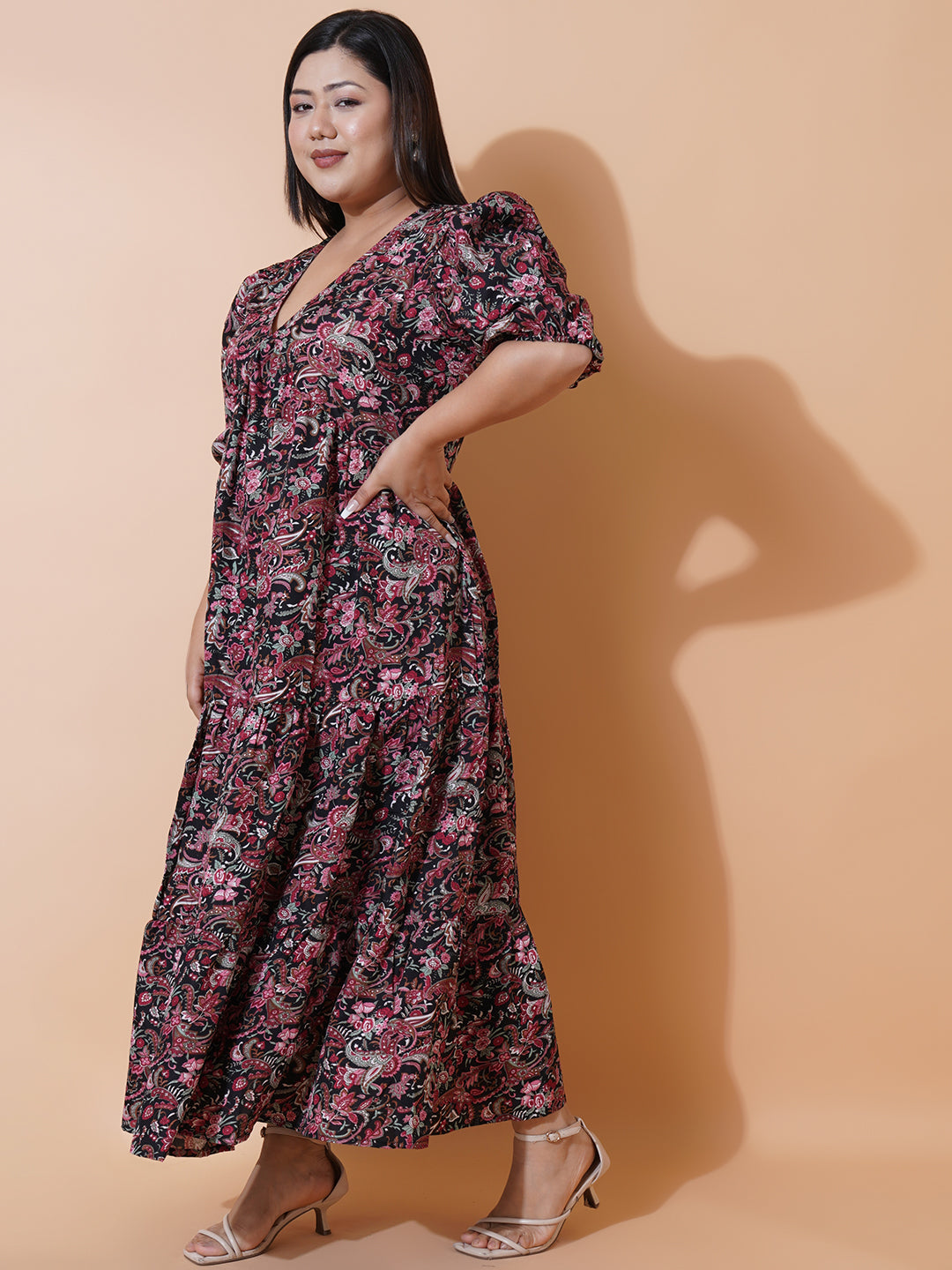 Women Plus Size Multi colour printed Crepe Maxi Dress