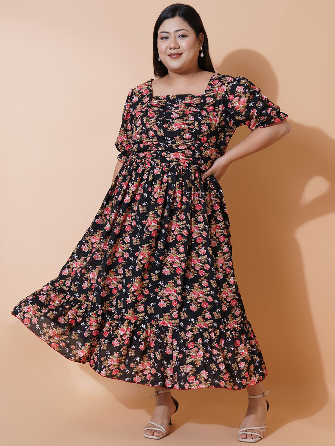 Women Plus size Georgette Sweetheart Neck Puff Sleeves Tiered Maxi Dress