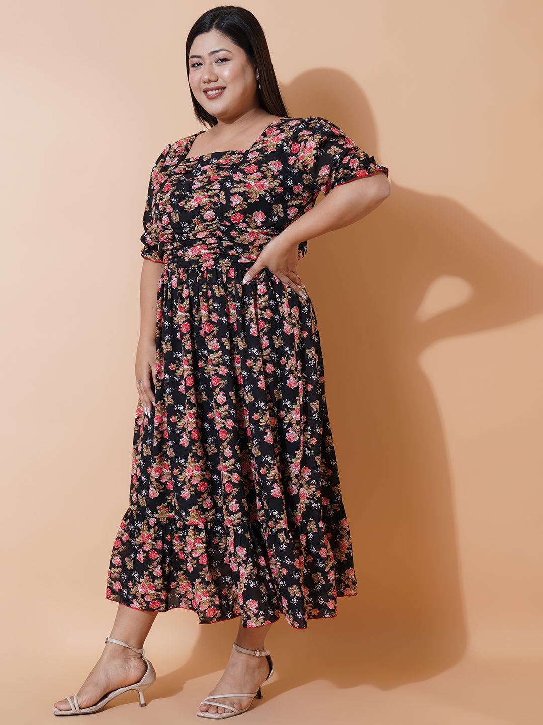 Women Plus size Georgette Sweetheart Neck Puff Sleeves Tiered Maxi Dress