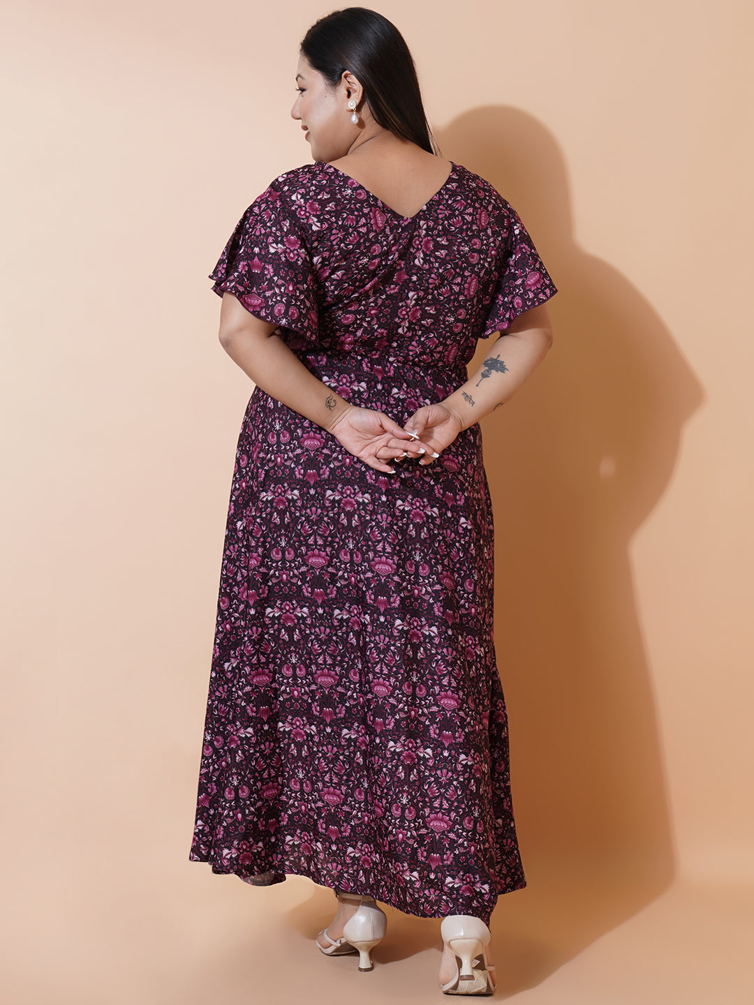 Women Plus Size Burgundy Printed Crepe Maxi Dress