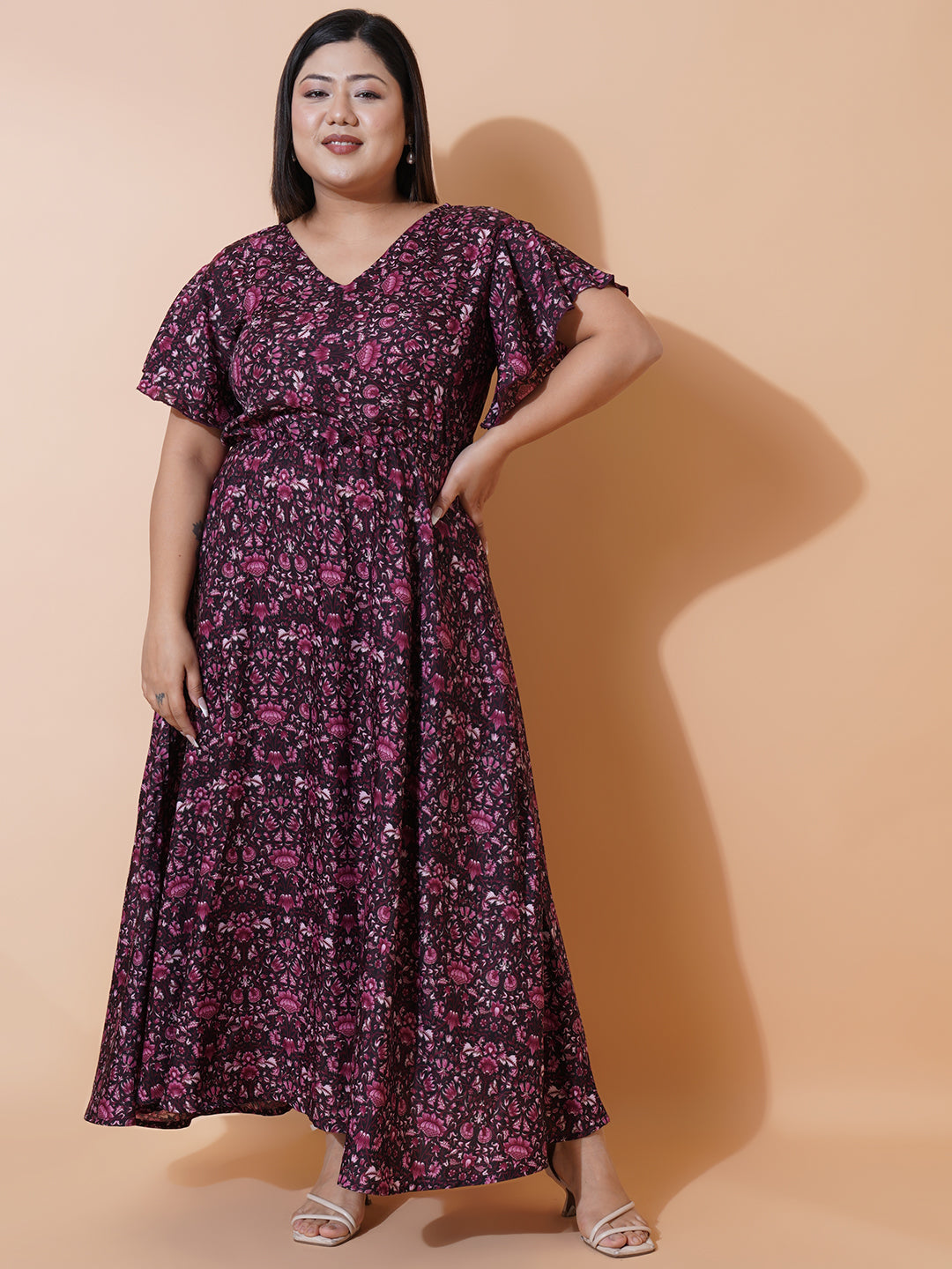 Women Plus Size Burgundy Printed Crepe Maxi Dress