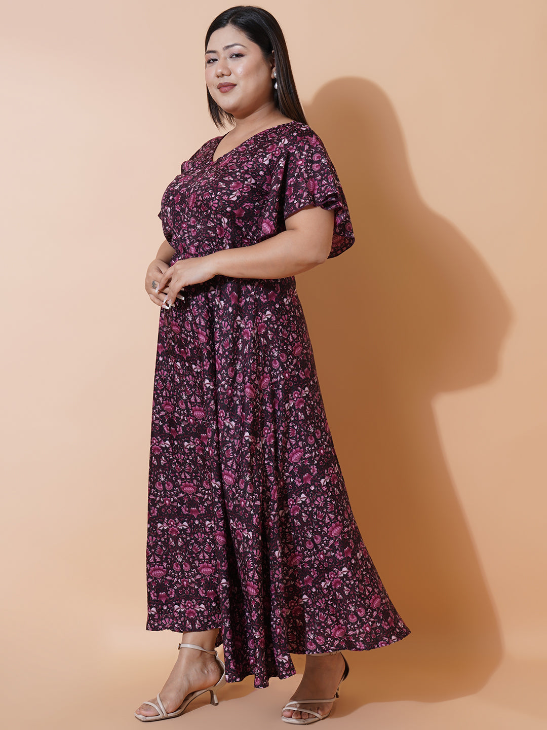 Women Plus Size Burgundy Printed Crepe Maxi Dress
