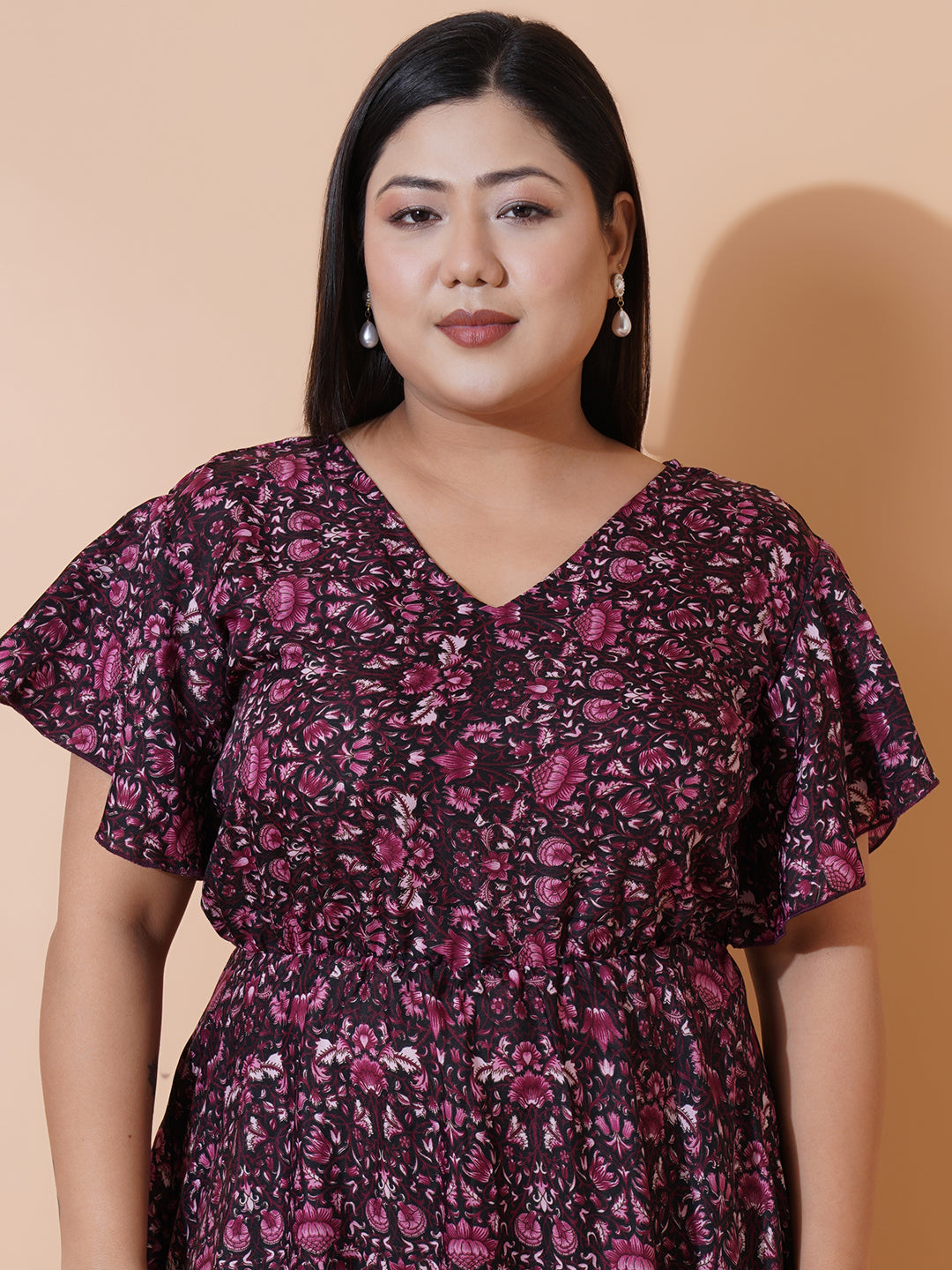 Women Plus Size Burgundy Printed Crepe Maxi Dress