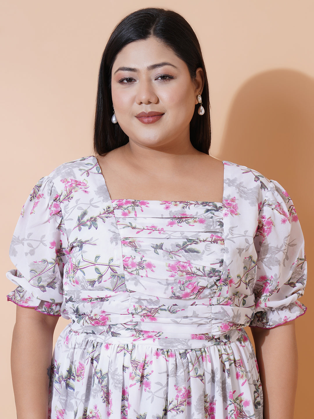 Women Plus size Georgette Sweetheart Neck Puff Sleeves Tiered Maxi Dress