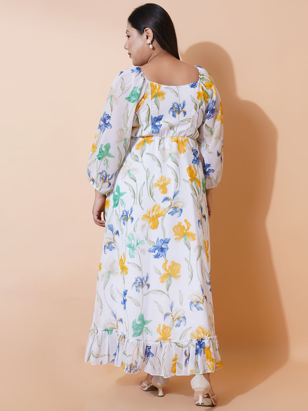 Women Plus size Georgette Sweetheart Neck Puff Sleeves Tiered Maxi Dress