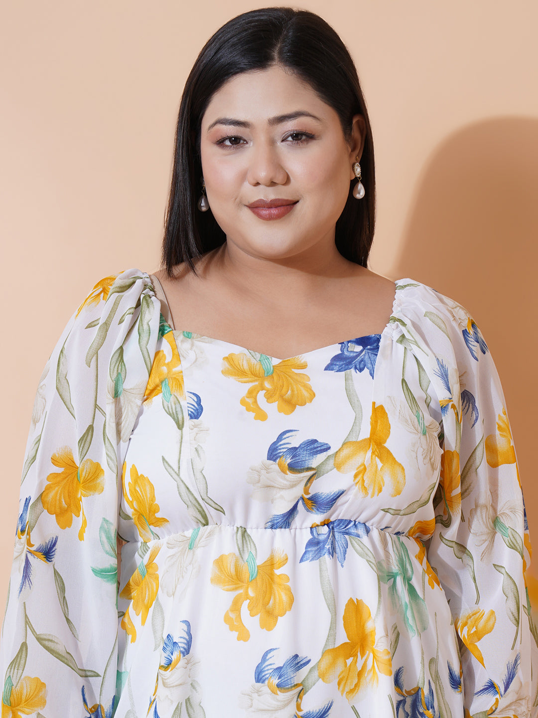 Women Plus size Georgette Sweetheart Neck Puff Sleeves Tiered Maxi Dress