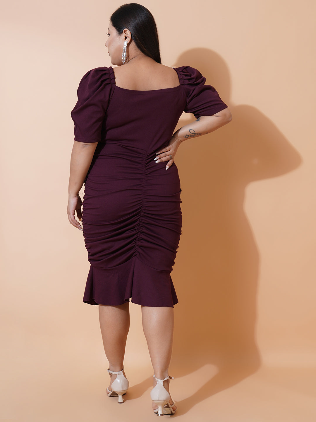 Women Plus size Burgundy Sweetheart Neck Puff Sleeves Scuba Bodycon Dress