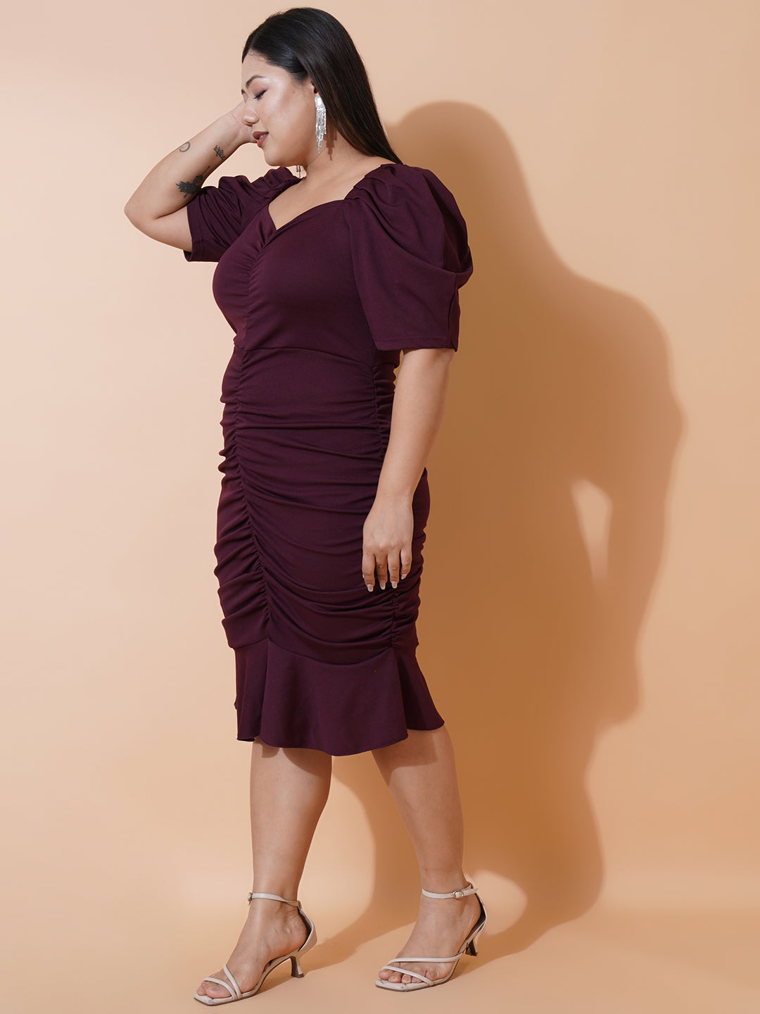 Women Plus size Burgundy Sweetheart Neck Puff Sleeves Scuba Bodycon Dress