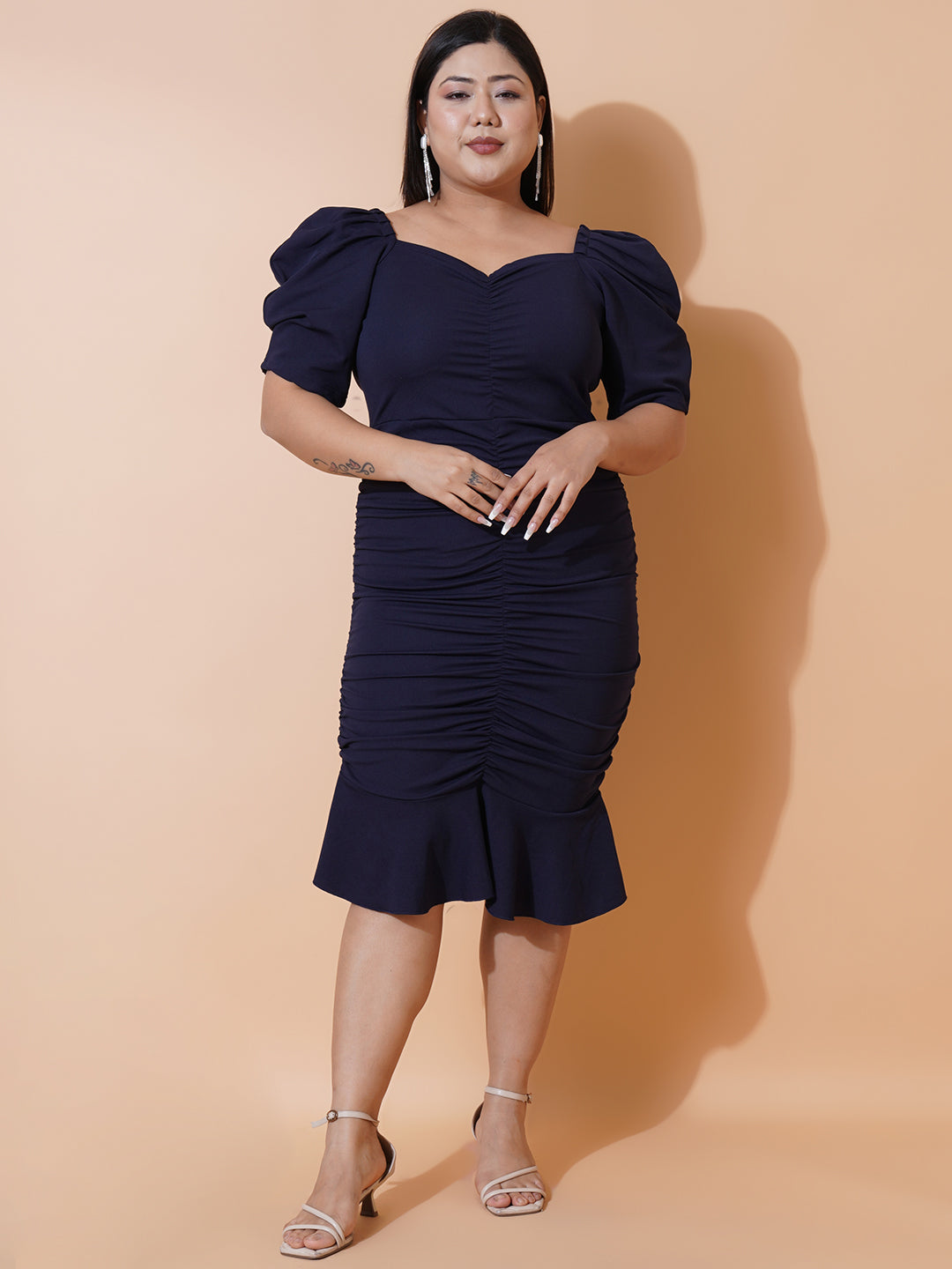 Women Plus size Navy Blue Sweetheart Neck Puff Sleeves Scuba Bodycon Dress