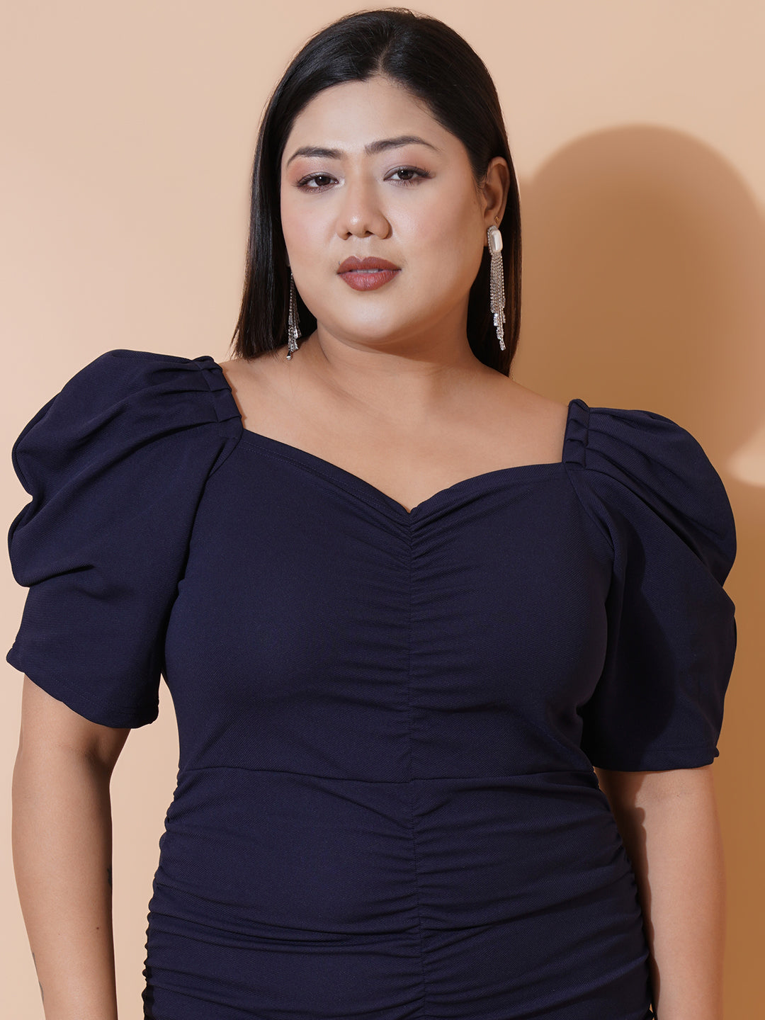 Women Plus size Navy Blue Sweetheart Neck Puff Sleeves Scuba Bodycon Dress