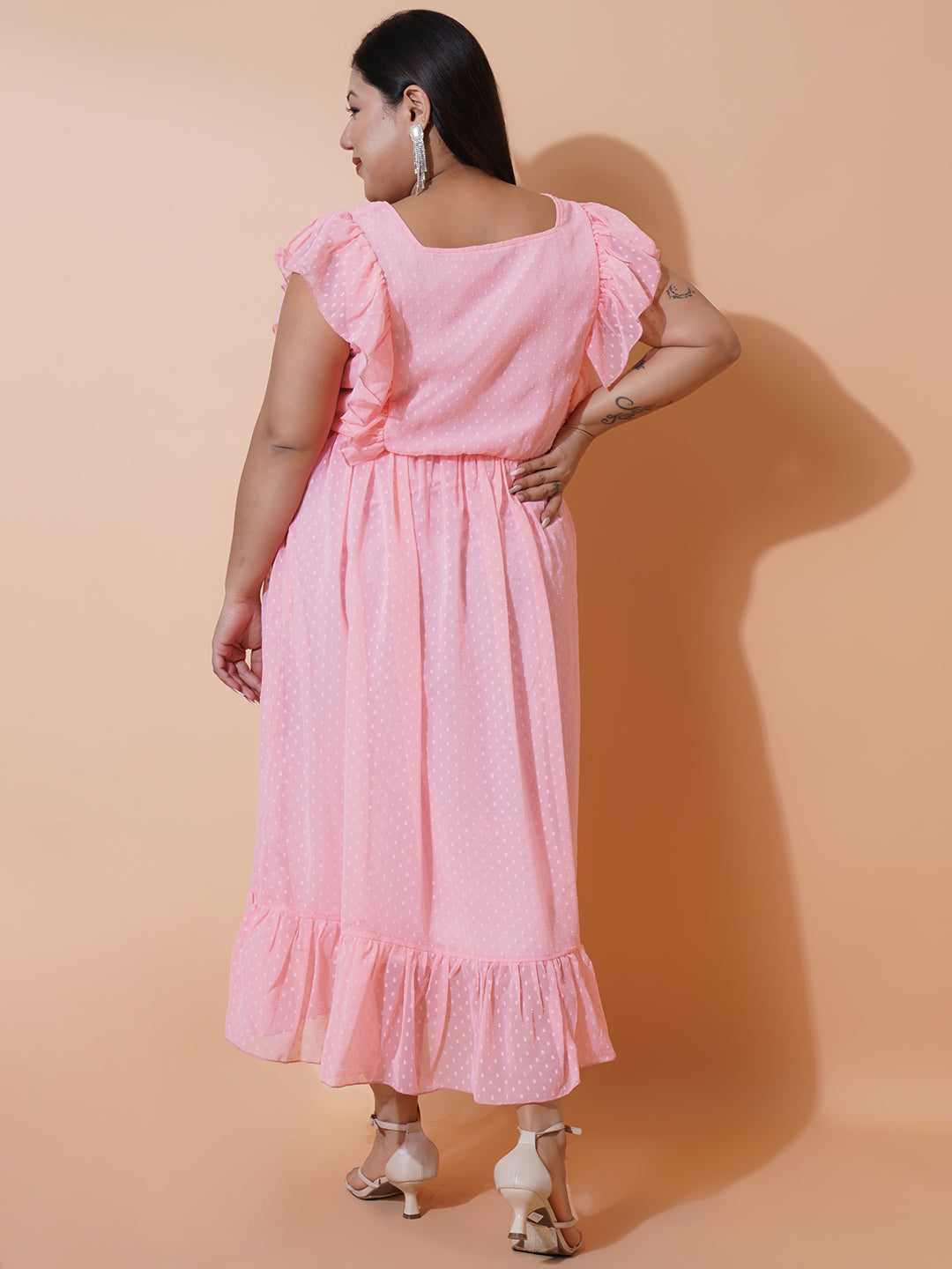 Women Plus Size Georgette Square Neck Ruffle Sleeve Dress