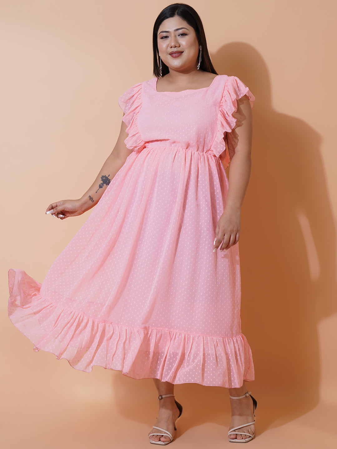 Women Plus Size Georgette Square Neck Ruffle Sleeve Dress