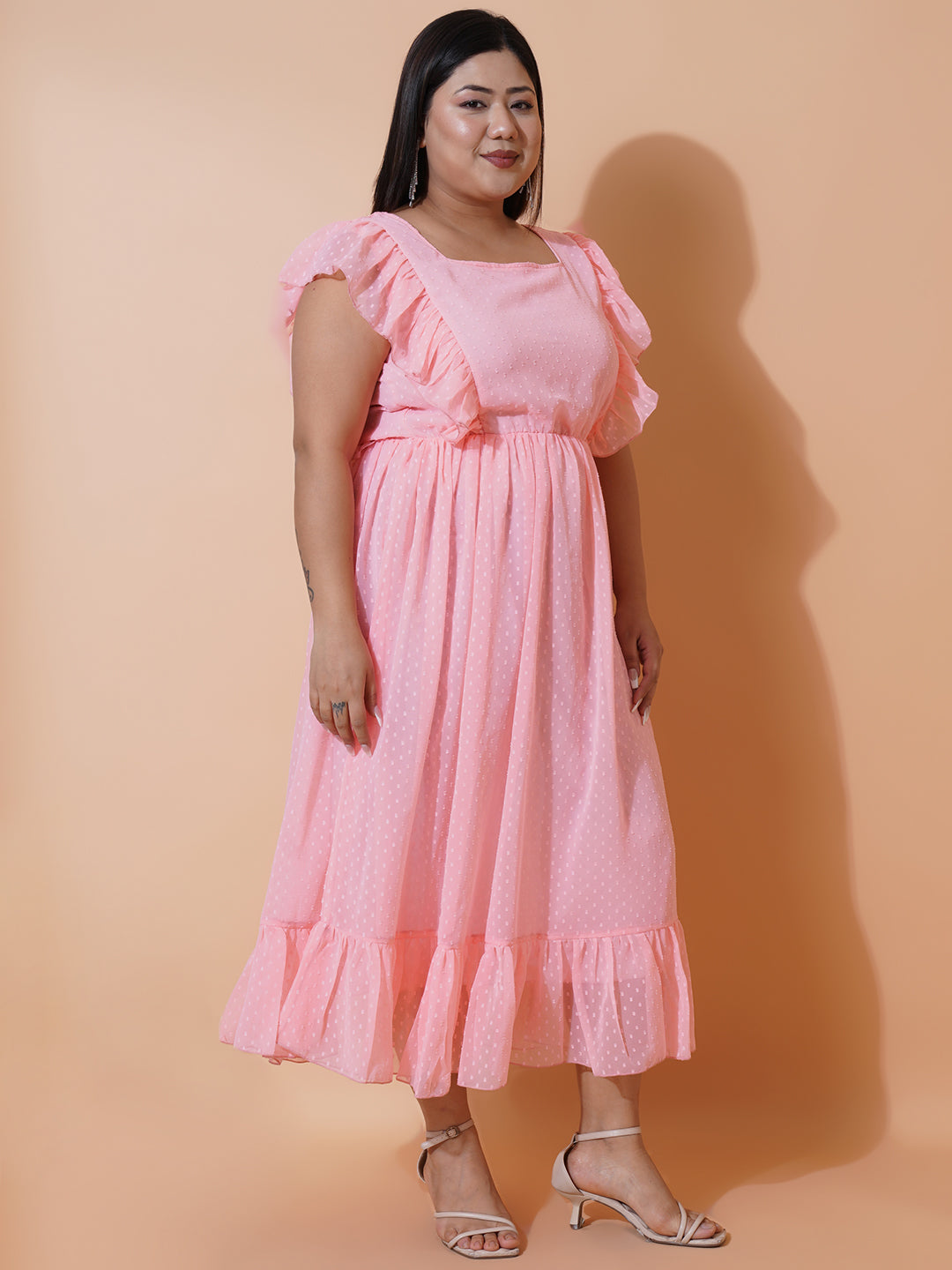 Women Plus Size Georgette Square Neck Ruffle Sleeve Dress