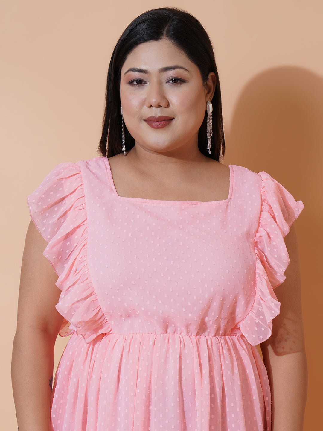 Women Plus Size Georgette Square Neck Ruffle Sleeve Dress