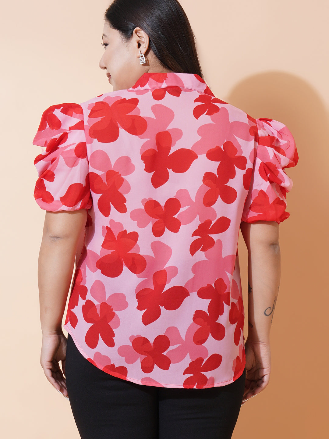 Women Plus Size Red Floral Georgette Shirt Style Top