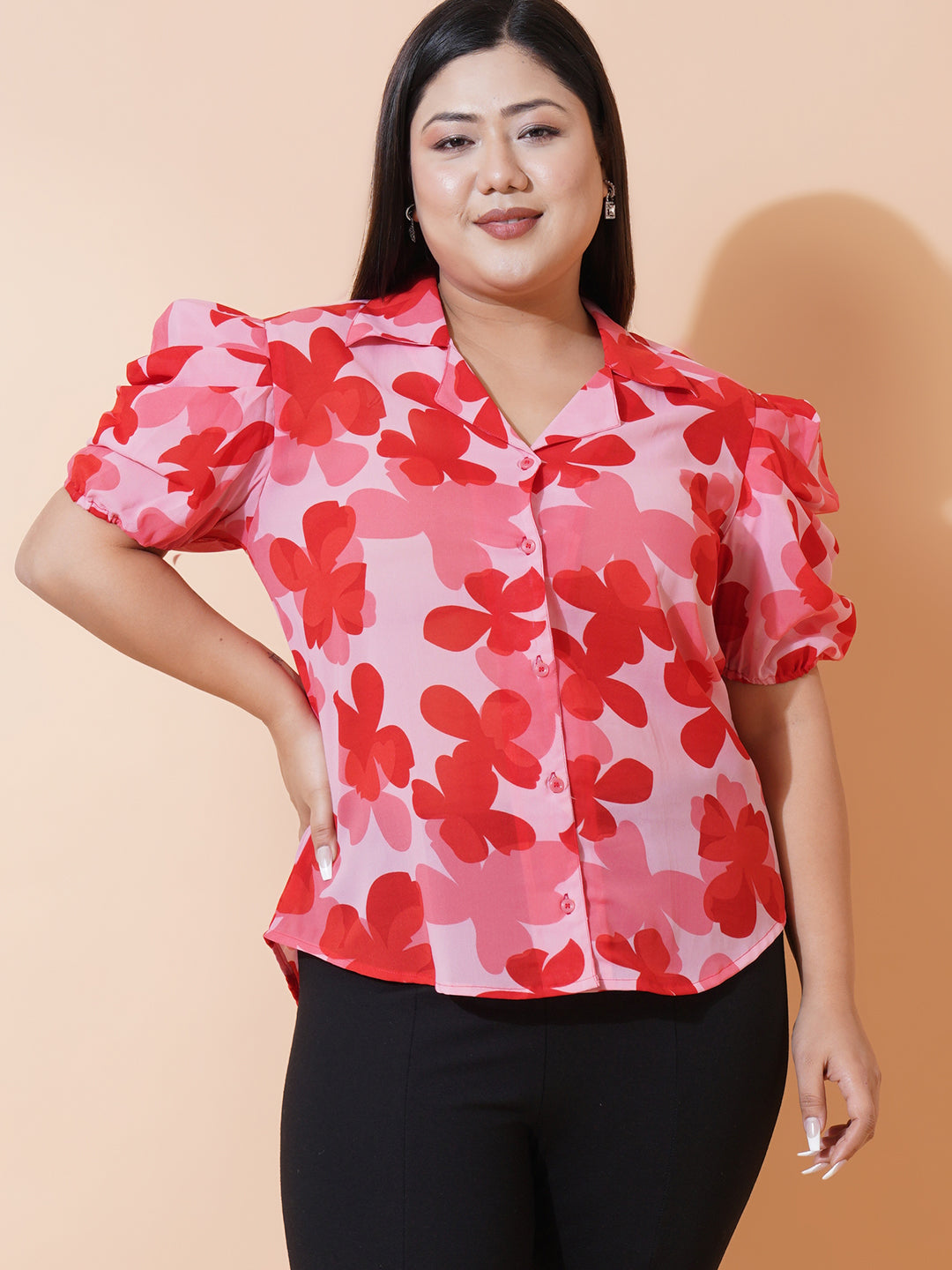 U&F Beyond Women Plus Size Red Floral Georgette Shirt Style Top