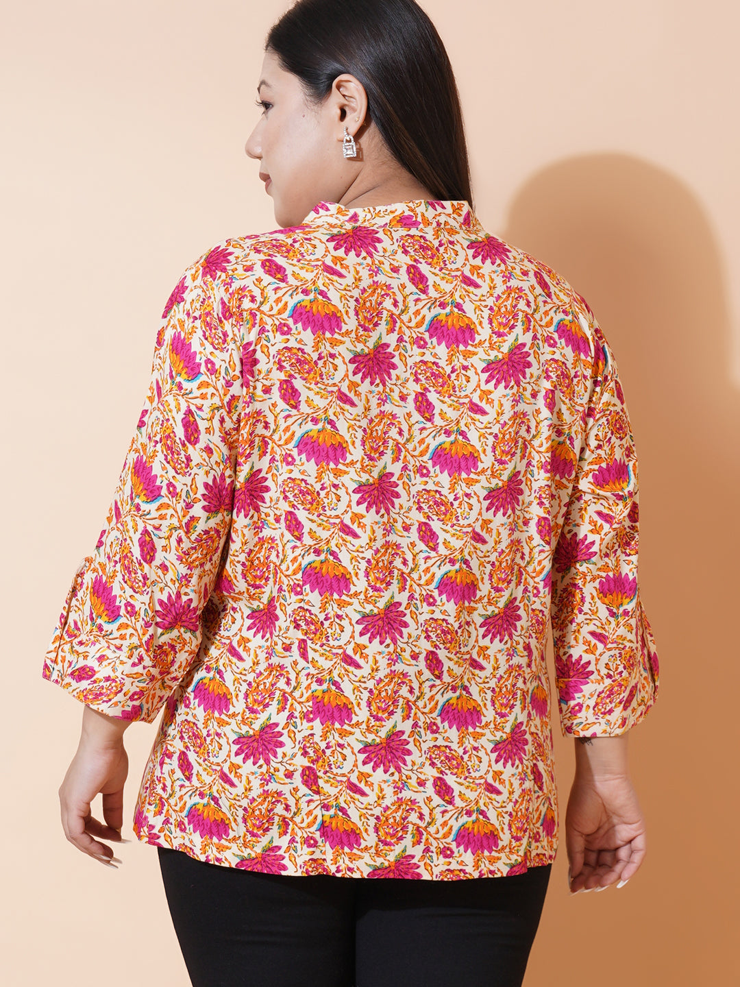 Women Plus Size Floral Printed Rayon Mandarin Collar Top