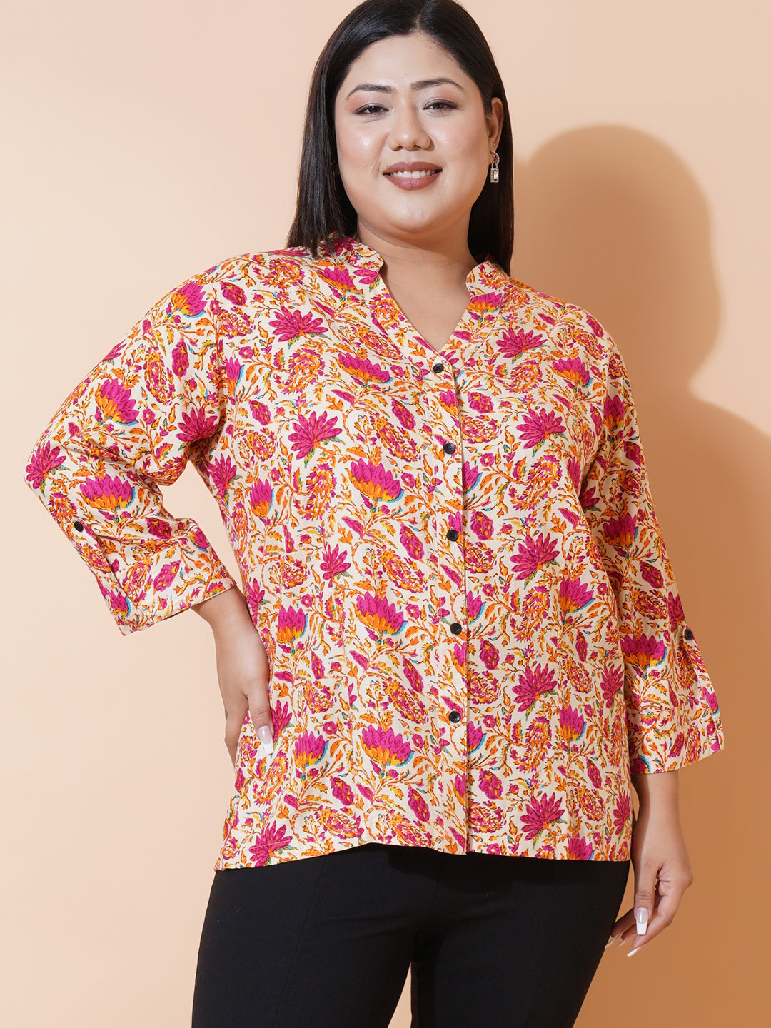 Women Plus Size Floral Printed Rayon Mandarin Collar Top