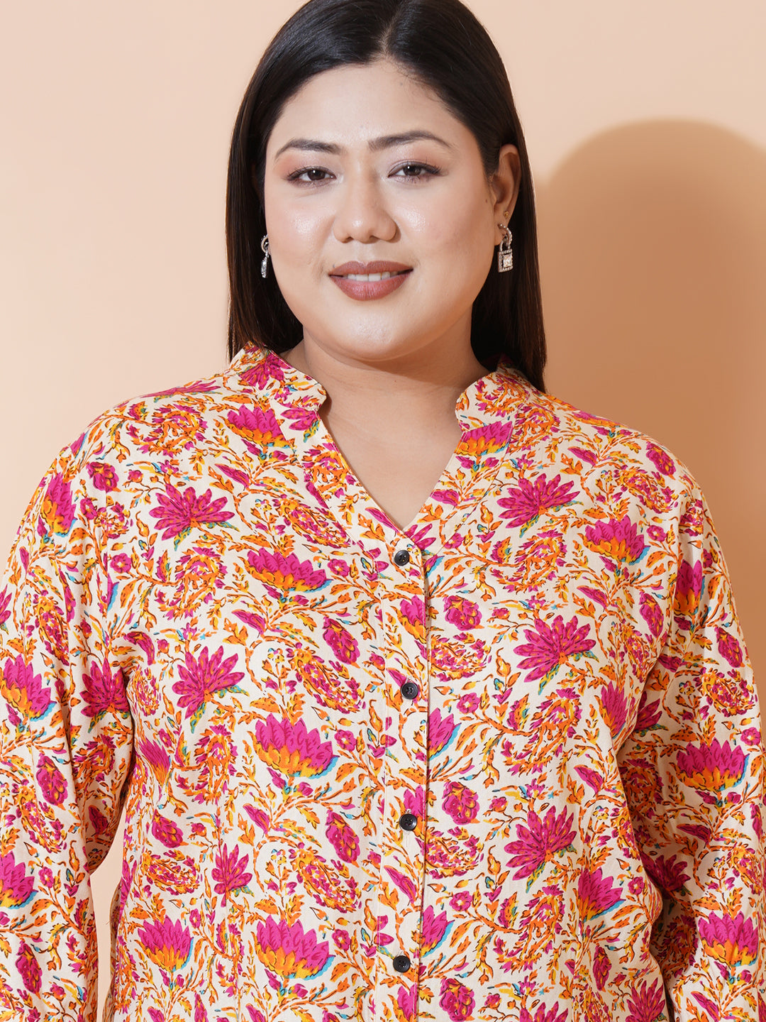 Women Plus Size Floral Printed Rayon Mandarin Collar Top
